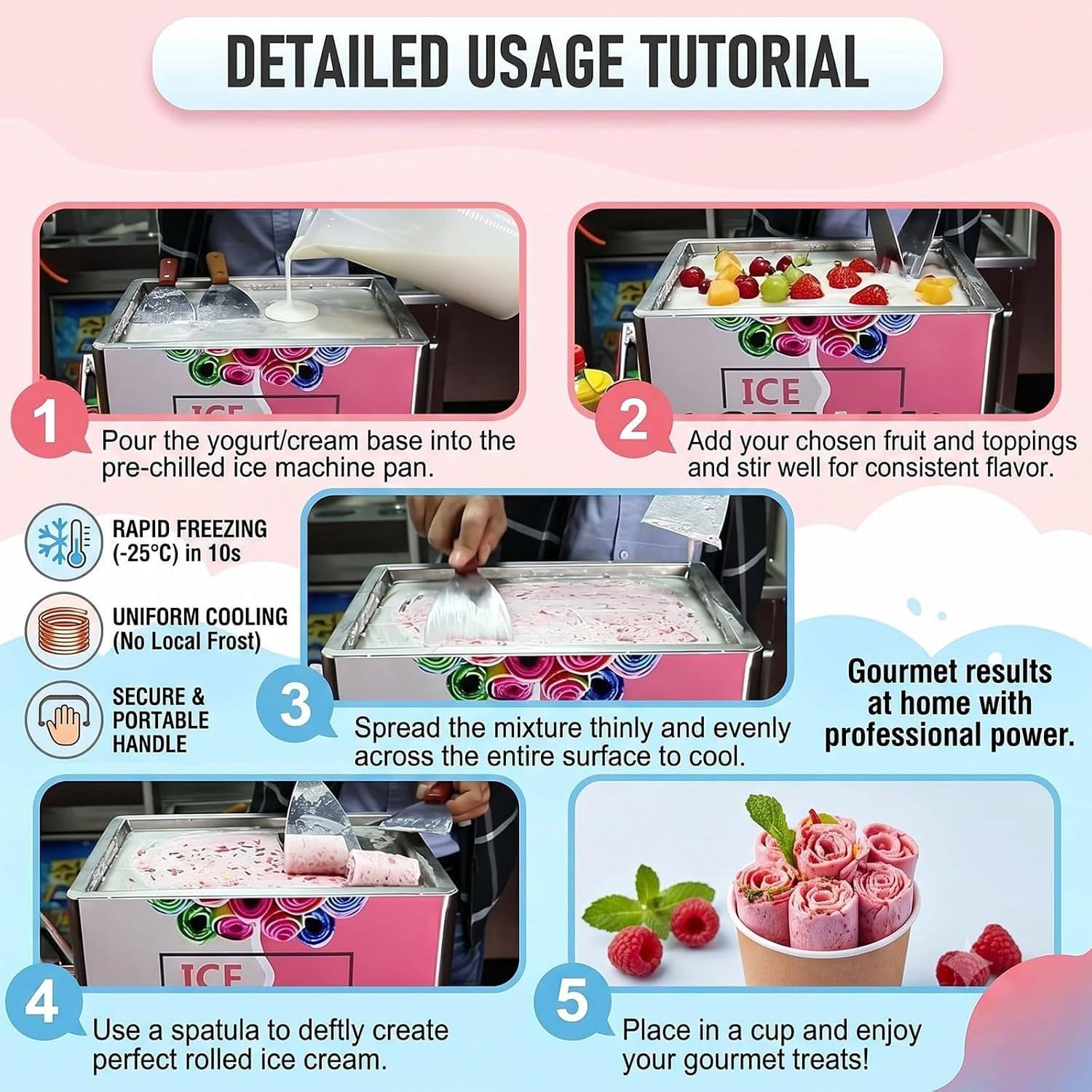 Máquina para Hacer Helado Enrollado de Acero Inoxidable de 330 W | Diseño de refrigeración con tubo de cobre en forma de anillo, base antideslizante, para el hogar, tienda, 34 × 28 × 30 cm