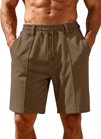 Mens Shorts Summer Casual 7 Inch Waffle Elastic Waist Drawstring Workout Running Gym Beach Sweat Shorts with Pockets