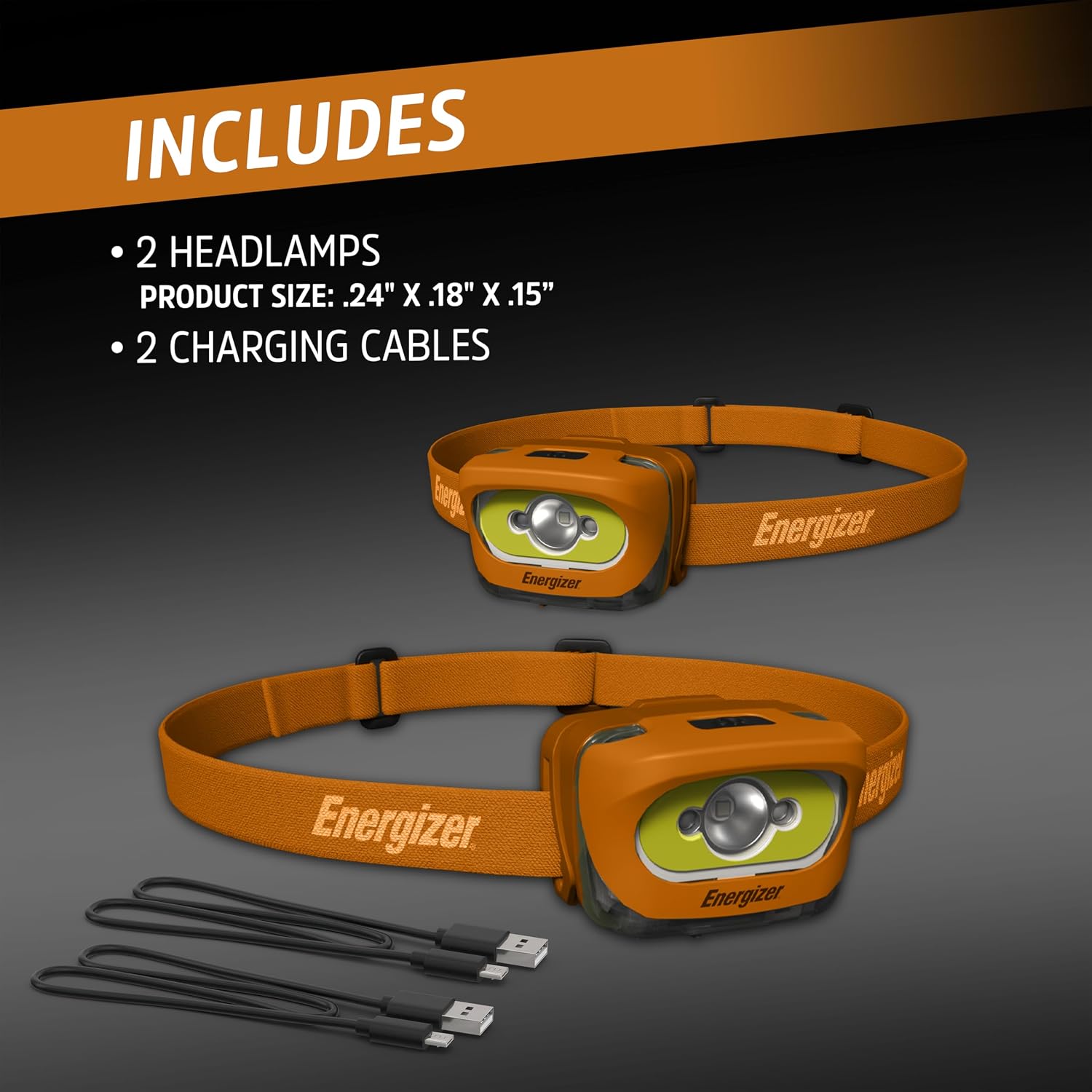 Energizer LED Rechargeable Headlamp (2-Pack), Orange, LED Headlamps with Red Light Option, USB Charging Cables Included