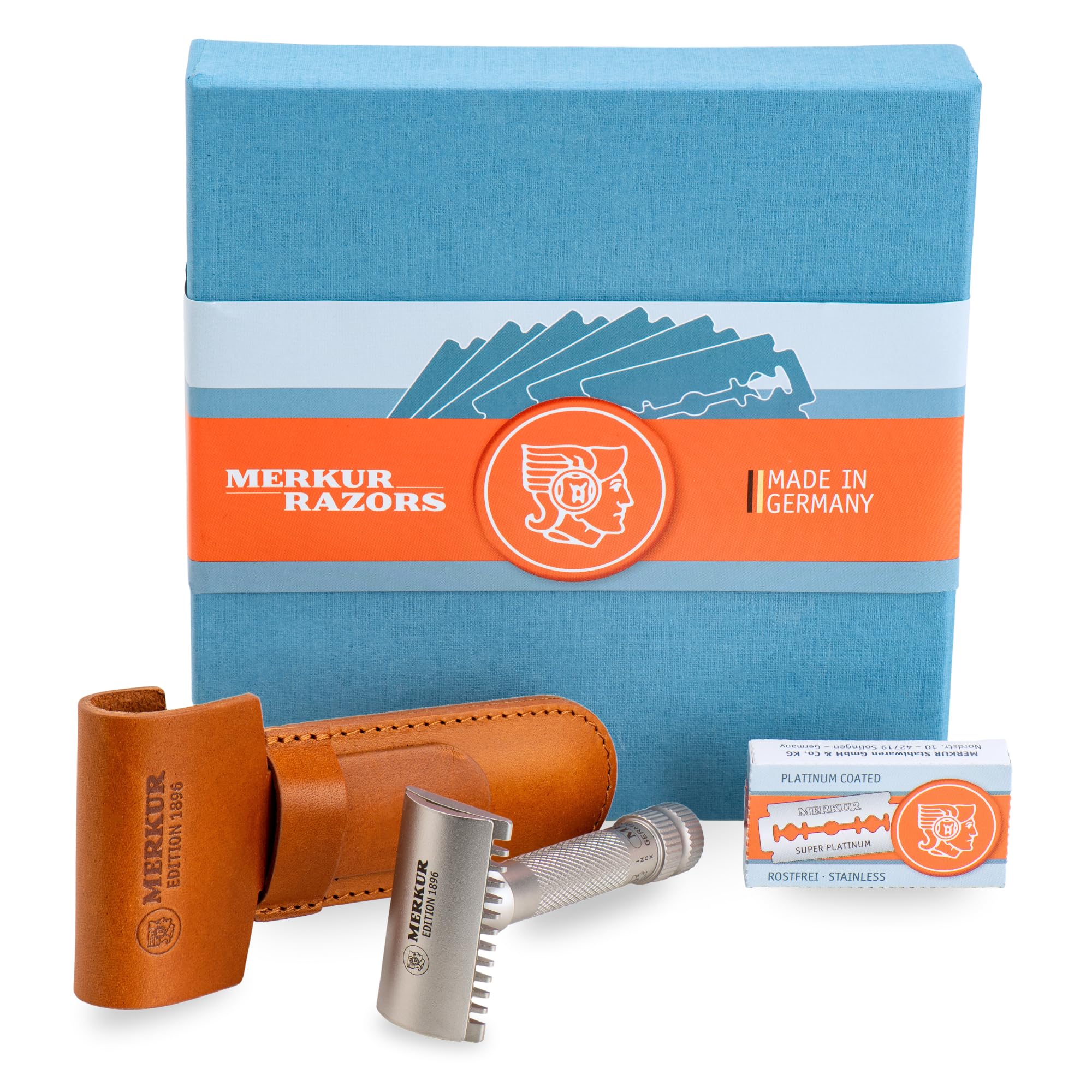 MERKUR Edelstahl Rasierhobel Set 11 INOX | Sonderedition 1896 | inkl premium Rasierhobel, Lederetui und 10x Platinum Klinge | Seidenmatt | Offener Kamm | Ideal für Nassrasur | Made in Germany