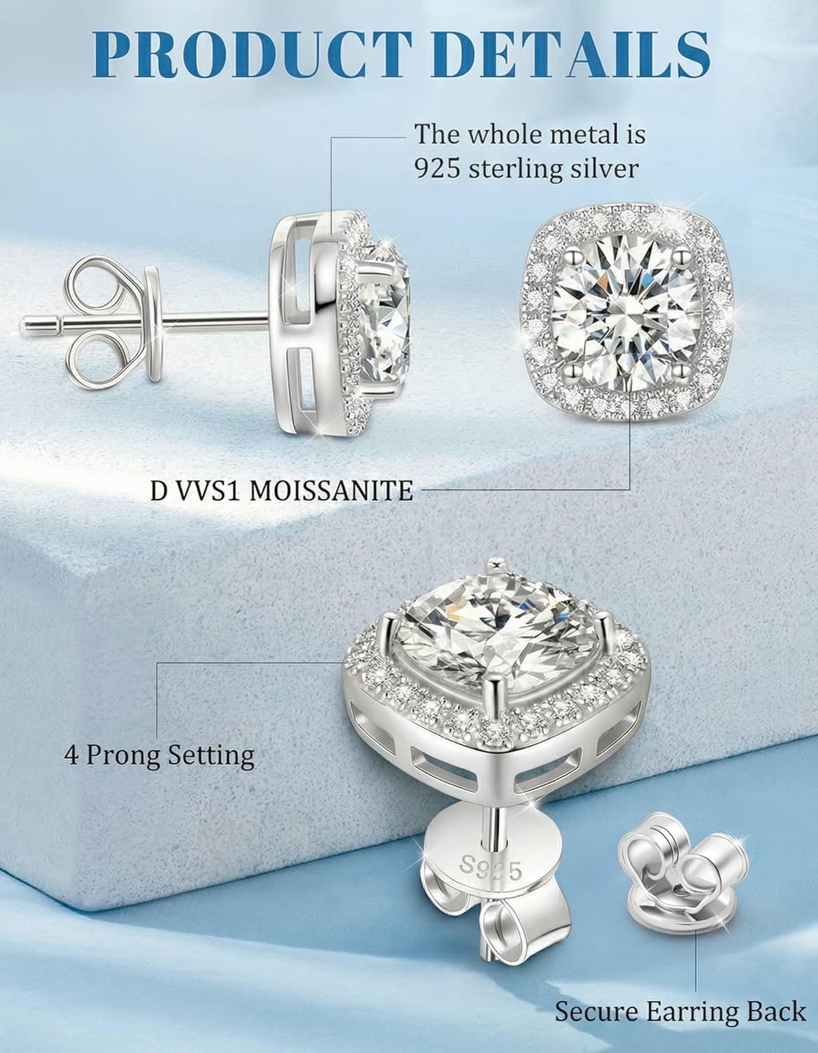 Moissanite Halo Square Earrings Flat back 0.5-3 Carat D Color VVS1 Grade Lab Grown Diamonds 925 Sterling Silver Plated 18K White Gold Flat Back Hypoallergenic Earrings for Women Men - Image 2