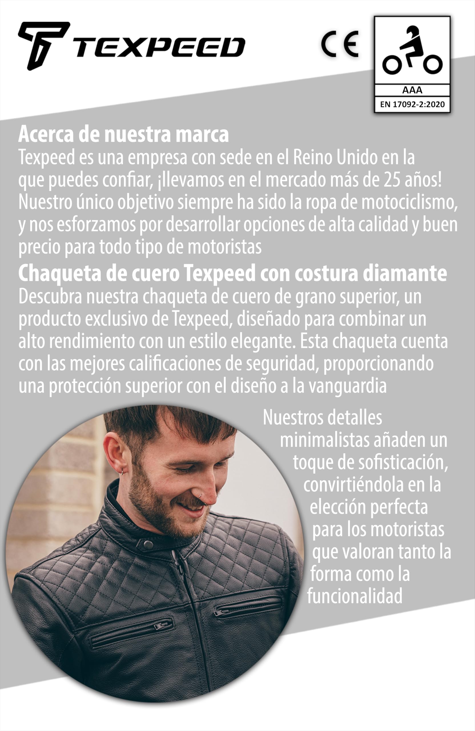 Texpeed Chaqueta de moto de cuero para hombre - Chaqueta de moto Touring con protección de armadura auténtica Biker CE (EN 1621-1) Patrón de costura de diamantes - Negro - L