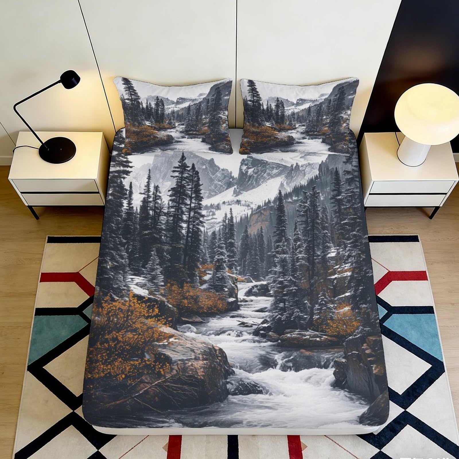 3D Printed Mountain Forest Fitted Sheet Microfiber Anti-slip River Landscape Bed Cover for Bedroom Dorm Decor 90x200x25cm