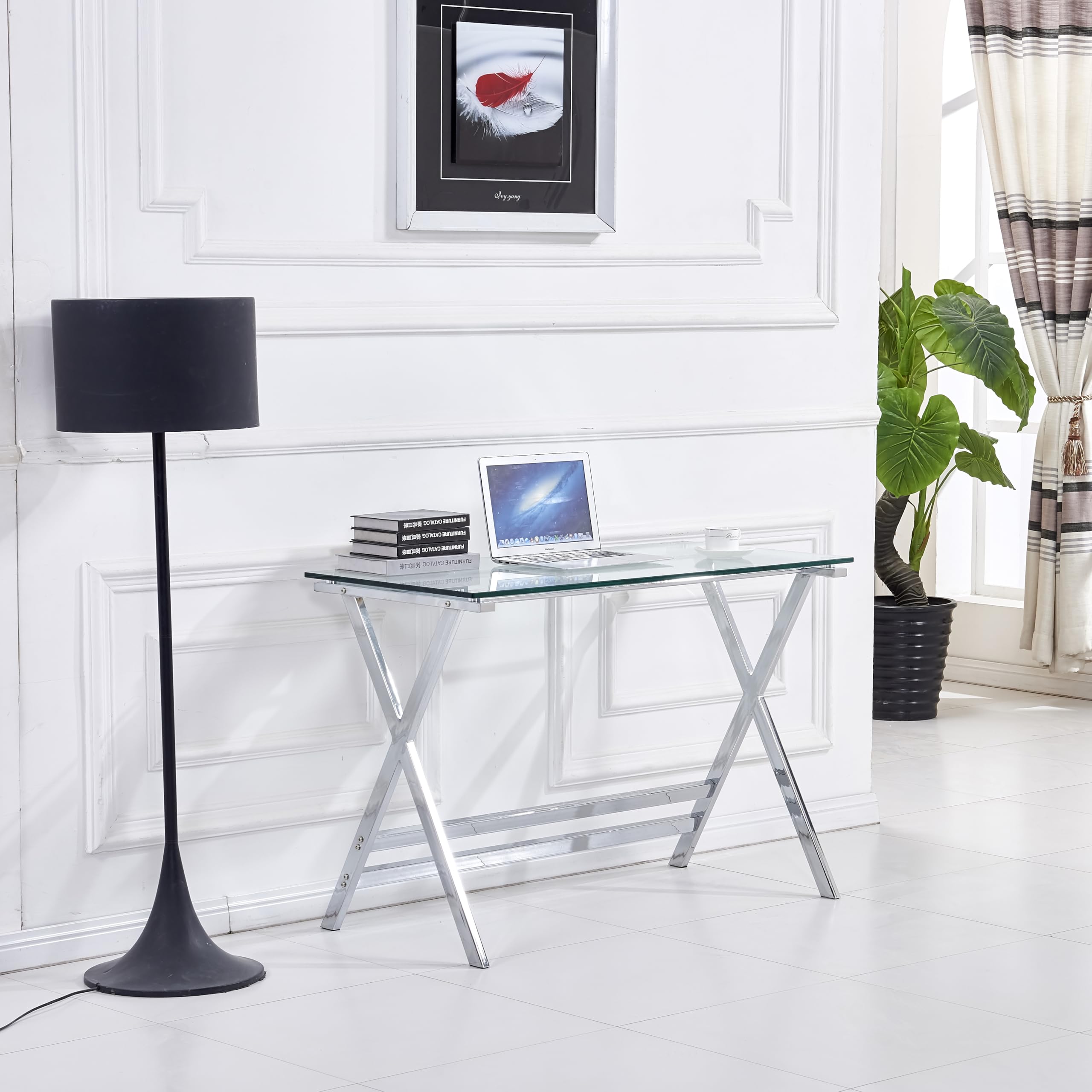 HAINEW HD26040115 - Escritorio de cristal para ordenador con mesa de cristal y patas metálicas plateadas en forma de X, mesa de oficina, mesa auxiliar para casa, oficina, salón, 110 x 55 x 76 cm
