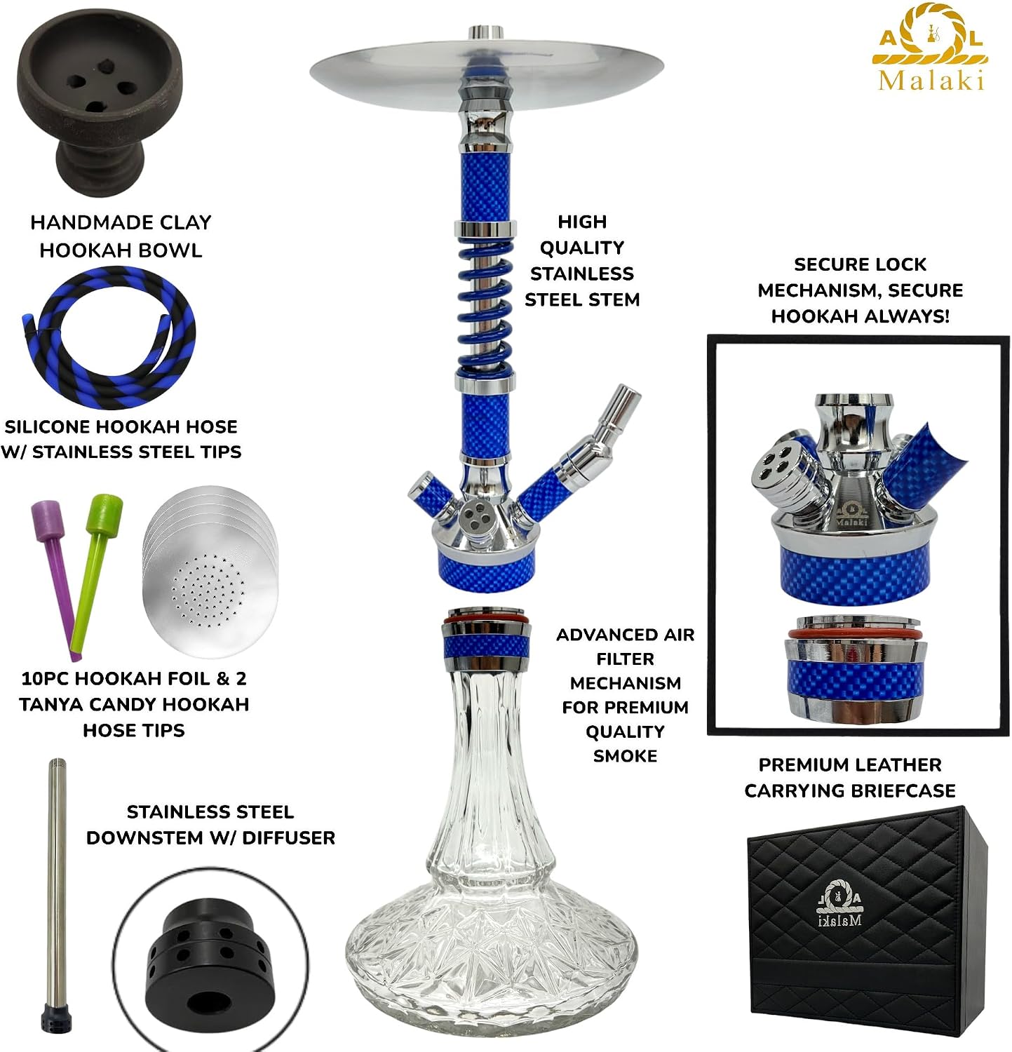 Premium Prince Williams Modern Hookah Stainless Steel Single Hose Complete Hookah Set Kit 24-Inch-Tall Luxury Glass Vase W/Travel Case Blue
