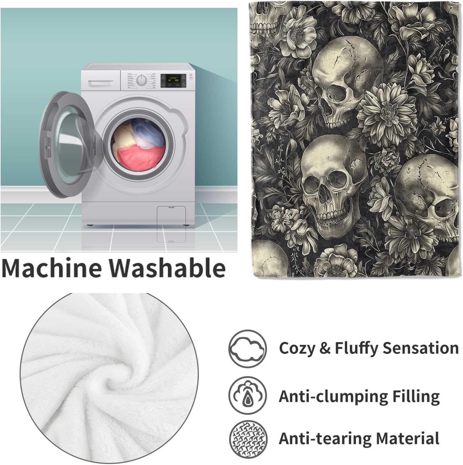 Gothic Garden Skull Fleece Blanket Gifts, Dark Floral and Skeleton Design, Soft Throw 50x60 inches, Elegant Home Halloween Decor - Black and White - Image 4