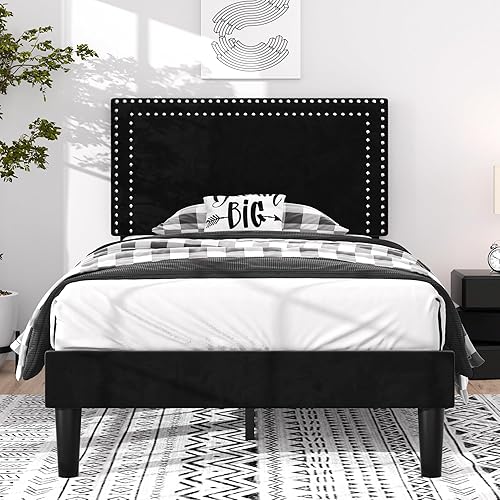 Miniatura 239 de VECELO Base de cama de tamaño matrimonial con cabecera tapizada ajustable, plataforma de listones de madera, diseño sin ruido, fácil montaje Negro