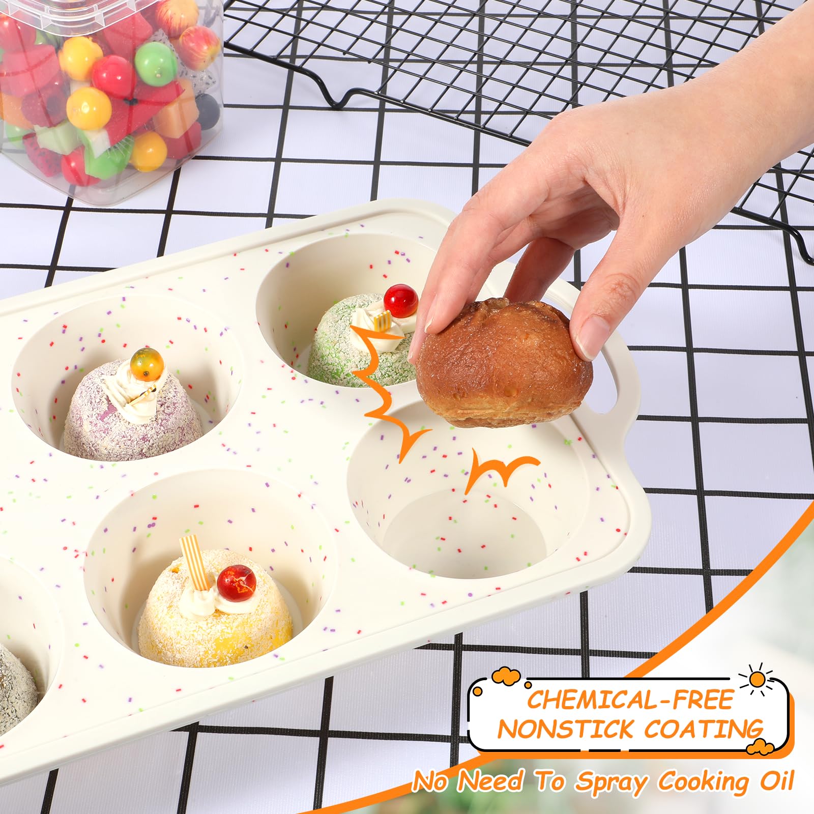 Juego de 4 moldes de silicona para hornear, mini moldes para hornear con marco reforzado de metal, pan antiadherente, mini magdalenas, moldes redondos, moldes para hornear cupcakes para horno