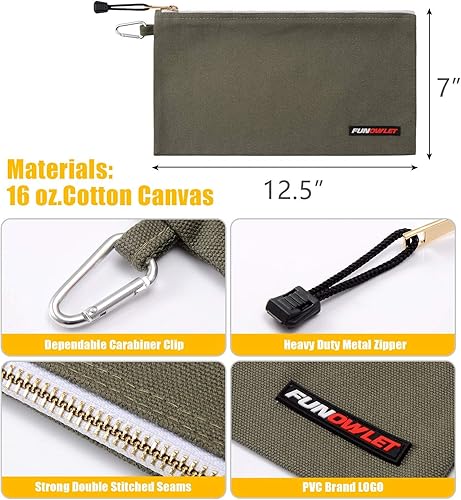 Miniatura 8 de Paquete de 8 bolsas de herramientas de lona con cremallera, bolsa de herramientas resistente con mosquetón, organizador de almacenamiento multiusos