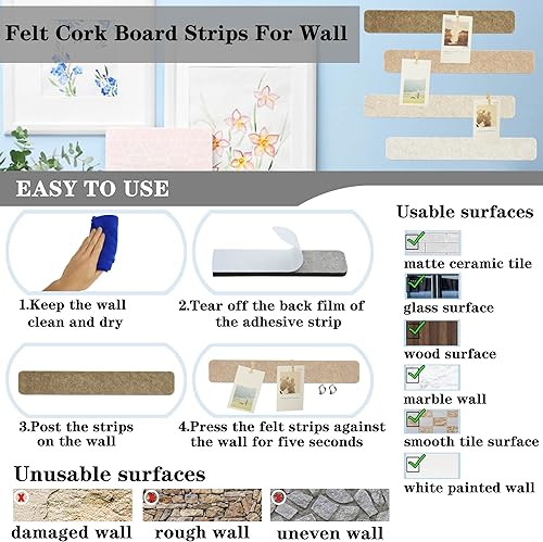 Miniatura 3 de 8 tiras para tablón de anuncios, tiras de fieltro marrón camello con 50 pasadores, tiras autoadhesivas de corcho de fieltro para pared para mostrar