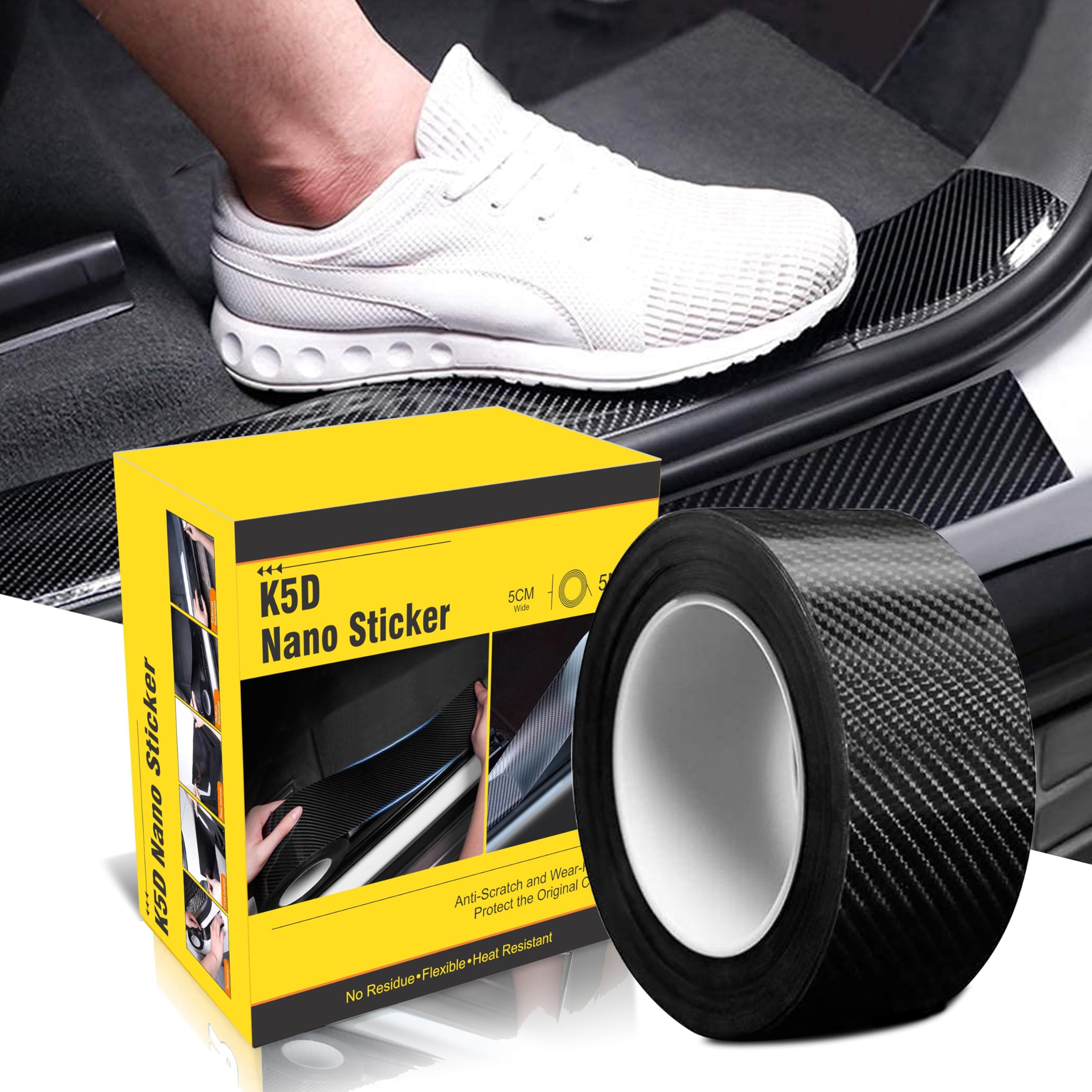 K5d Anti Scratch Carbon Fibre Tape for Car | High Gloss Material | Door Sill Protector, Bumper, Edge Protection, 2 Inch X 5 M, Black Texture