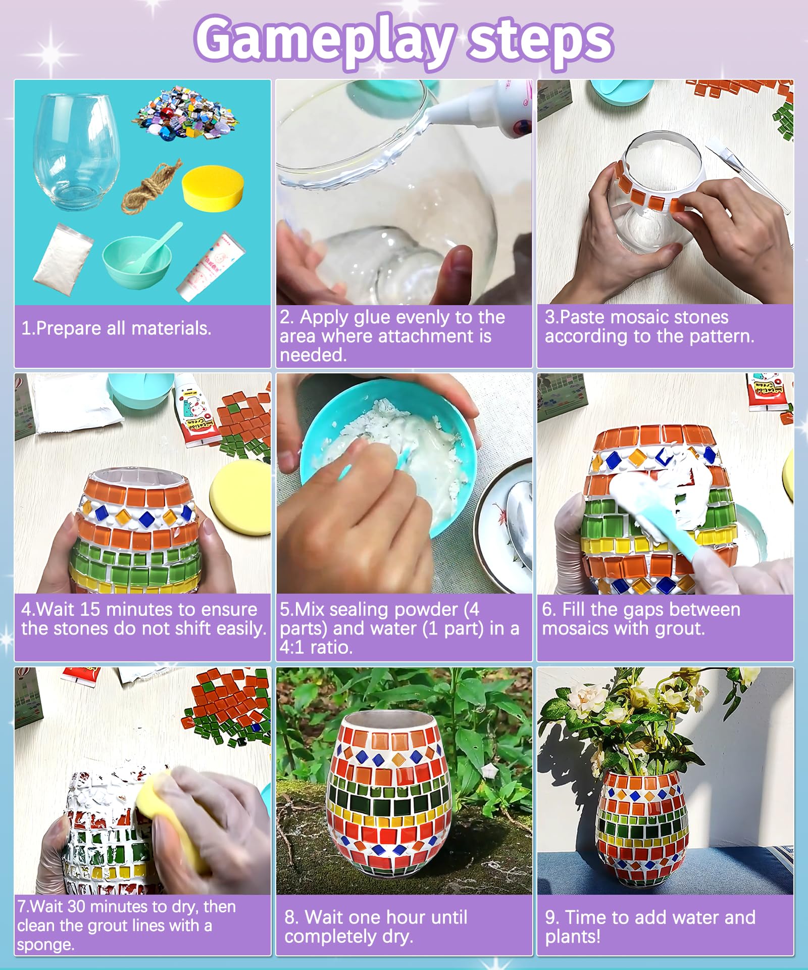 Daity Kit de Bricolage Mosaïque pour Enfants et Adultes Vase en Mosaïque de Verre Kit à Remplir d'Eau et de Terre Bricolage pour Filles de 8 à 10 Ans Cadeau d'Anniversaire pour Maman
