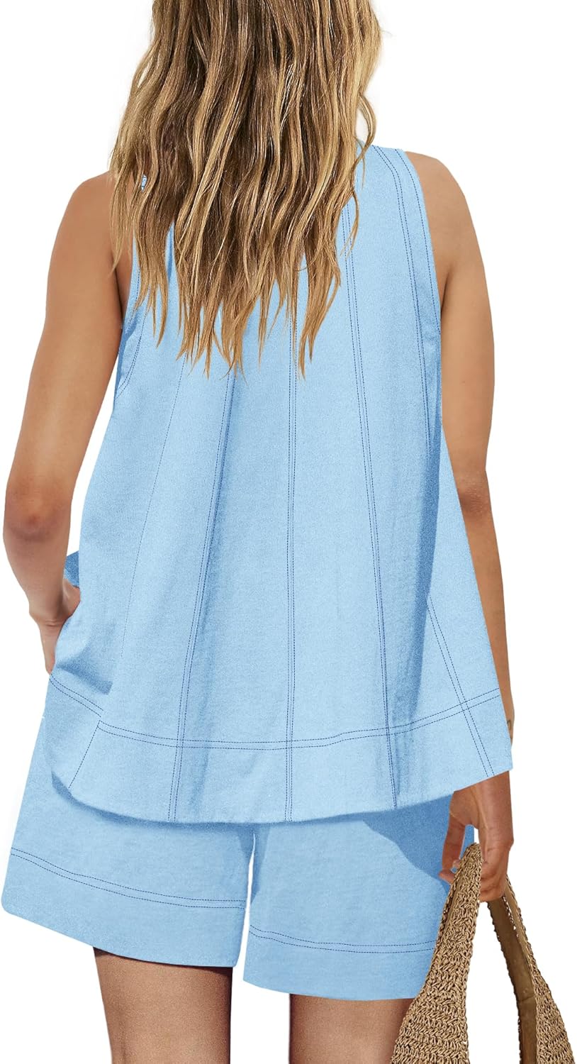 Nirovien Womens Short Sets 2 Piece Vacation Outfits Sleeveless Tank Top and Shorts Matching Set with Pockets - Image 2