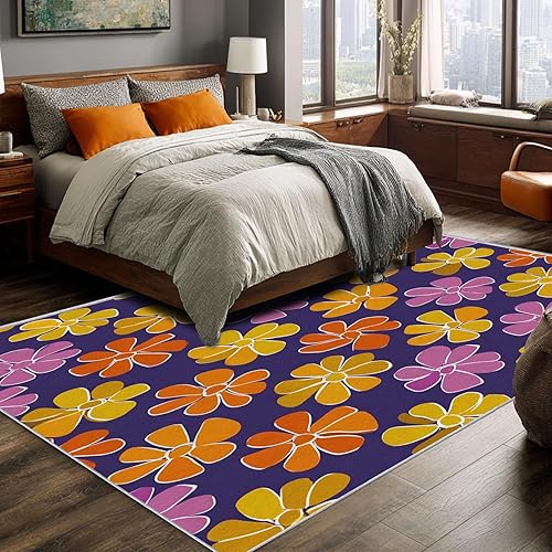 Miniatura 3 de Purple Flower Rugs for Living Room 7x8, Retro Floral Bedroom Carpet, Vintage 70s Bohemian Pattern Design Area Rug, Washable Non Slip Soft Area