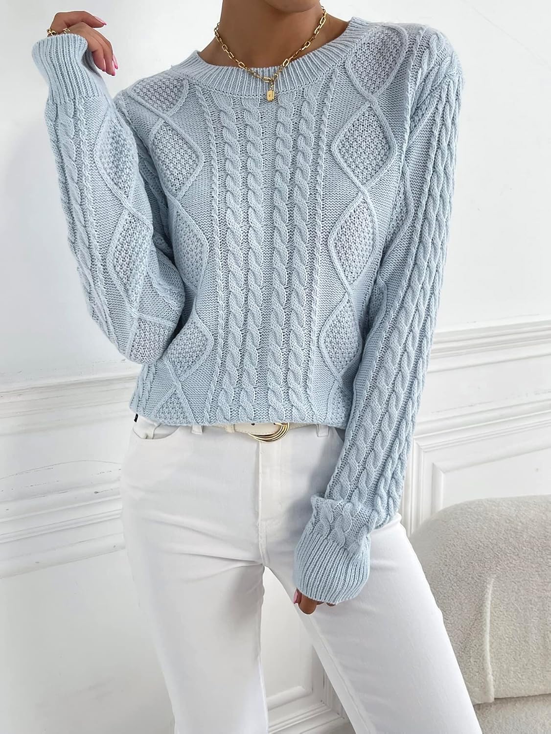 Women's Sweater Round Neck Cable Knit Sweater Sweater for Women (Color : Baby Blue, Size : Large)