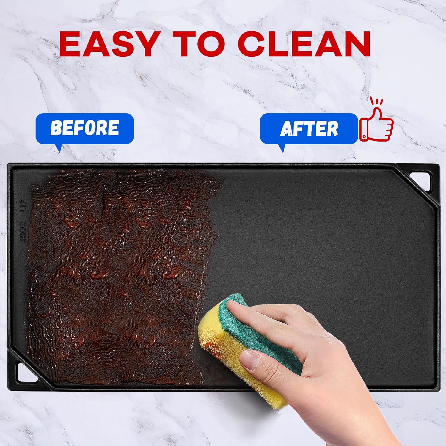 GGC Reversible Cast Iron Griddle, Double-sided Griddle Pan for Stove Tops, Gas Grills and Outdoor Cooking, 16.5 x 9.5 Baking Flat and Ribbed Griddle Plate