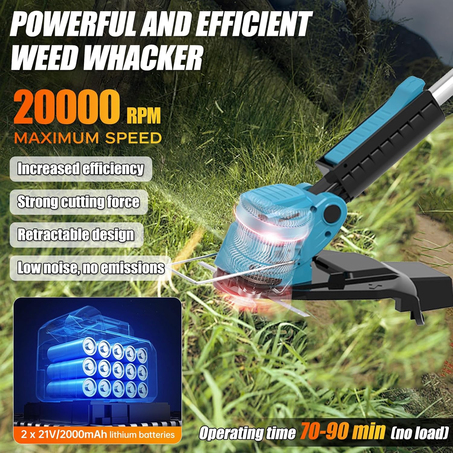 Cordless Weed Wacker Eater Electric Grass Trimmer Battery Powered with 2 Battery&25 Pcs Blade, 3 in 1 21V/2.0Ah Lightweight Portable String Trimmers/Edger Lawn Tool/Brush Cutter for Yard Garden