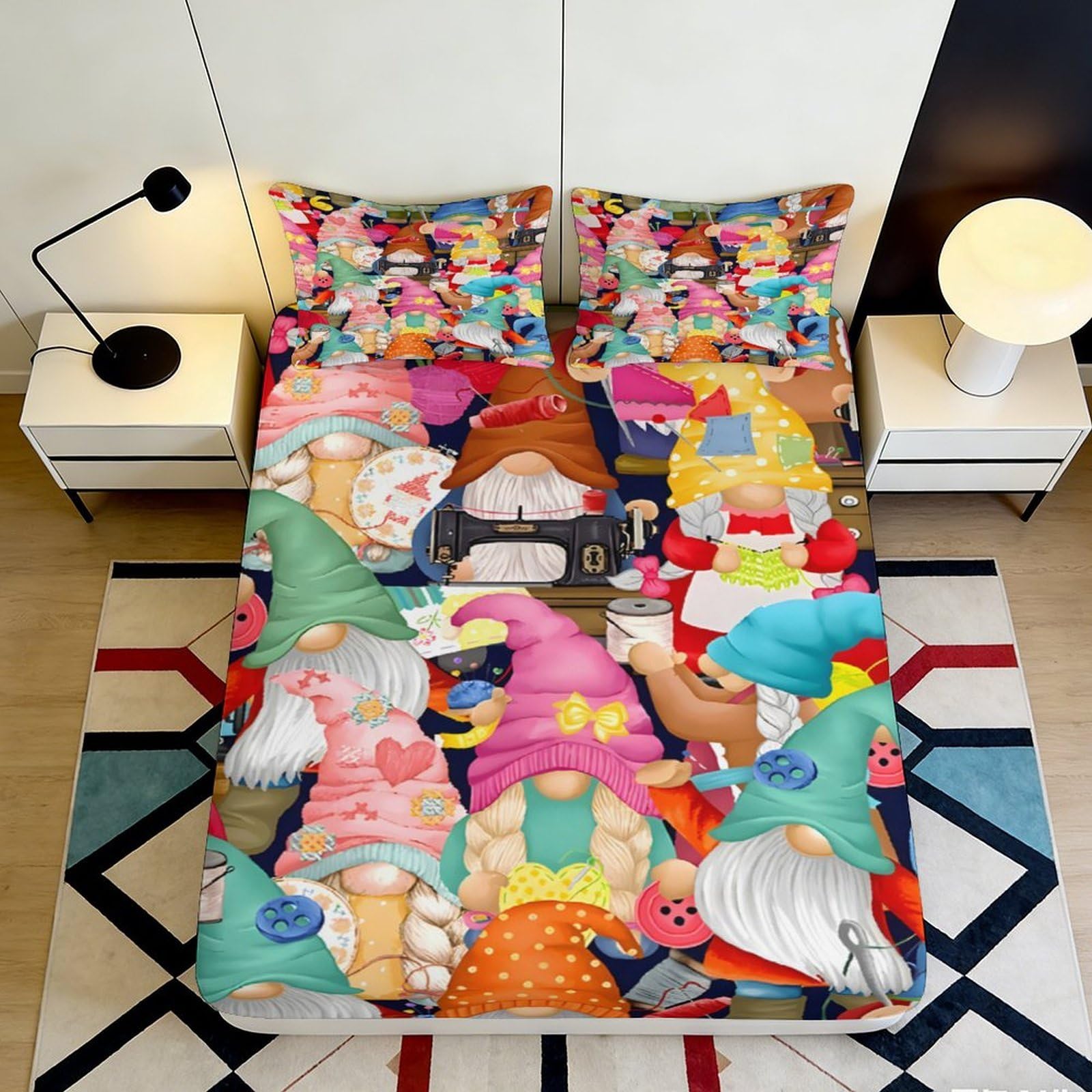 3D Printed Colorful Gnome Fitted Sheet Microfiber Soft Breathable Cartoon Festival Bed Sheet for Bedroom Guest Room Decor 90x200x25cm