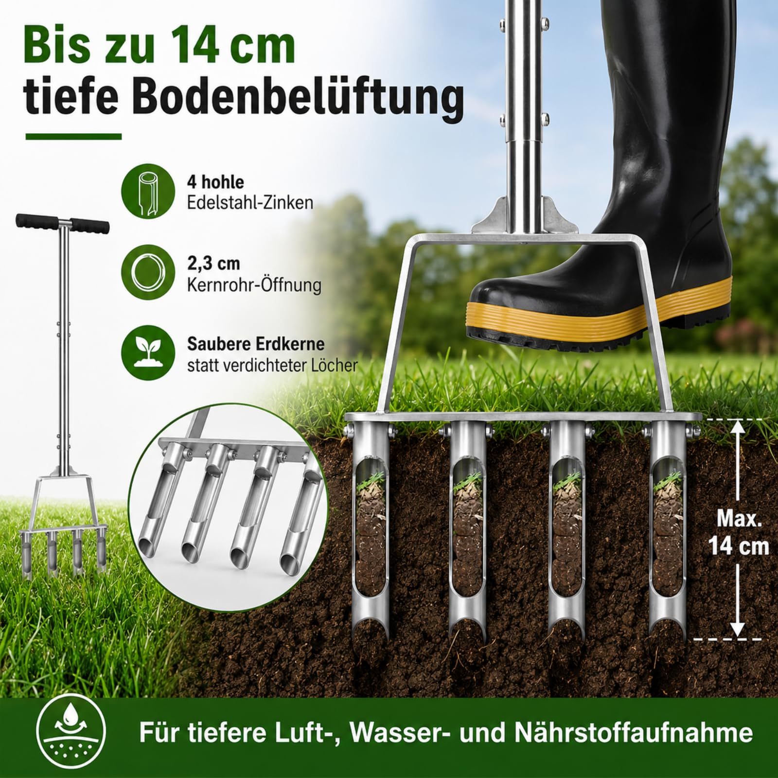 Rasenlüfter aus Edelstahl, 4 Zinken Hohlzinken, Manueller Rasenbelüfter & Aerifizierer für Verdichteten Boden, Lehmboden & Sandboden, Verstopfungsfrei für Hobbygärtner & Rasenpflege
