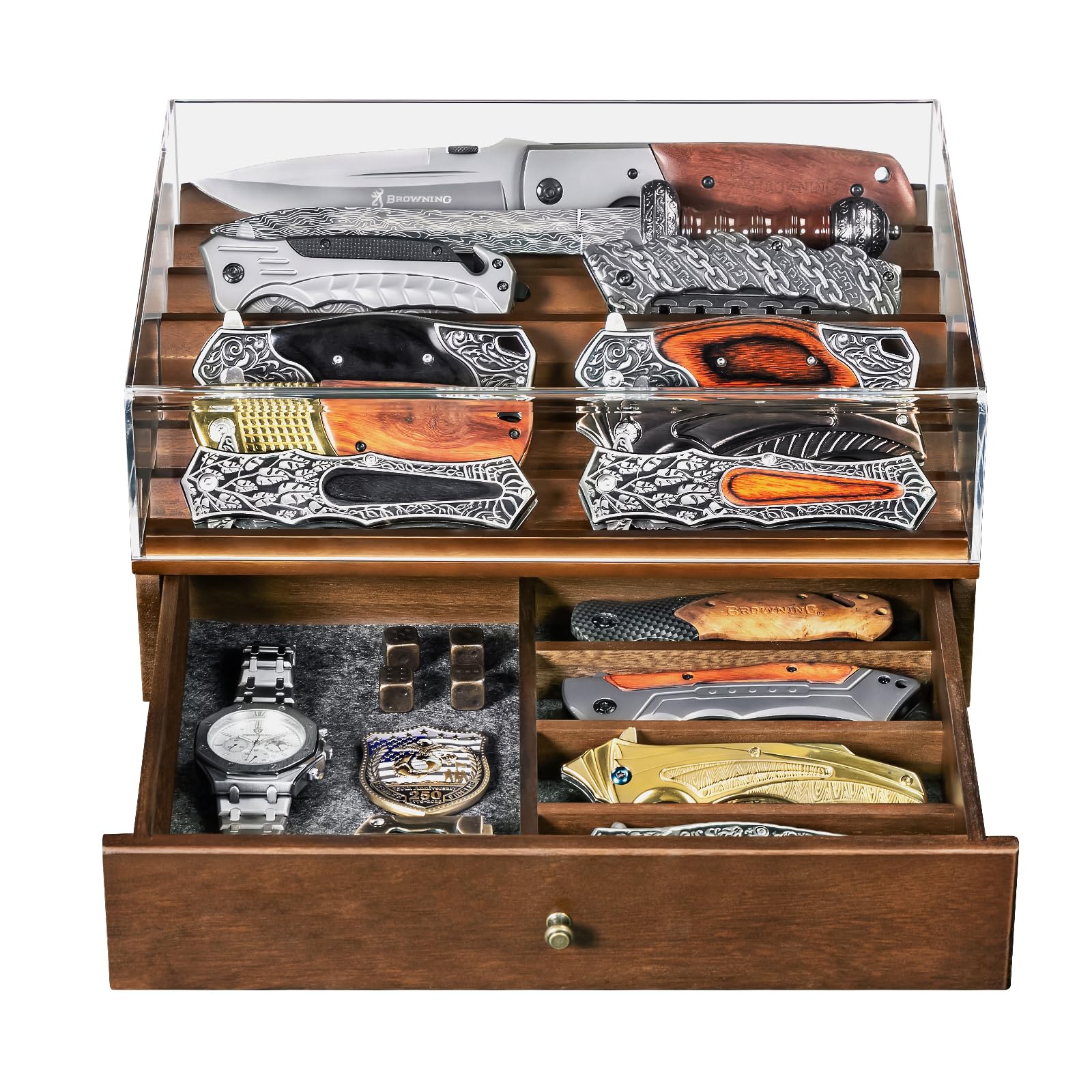 Amoard Wooden Knife Display Case with Clear Lid – Pocket Knife Display for Collections, 2-Tier Storage & EDC Organizer(Walnut)