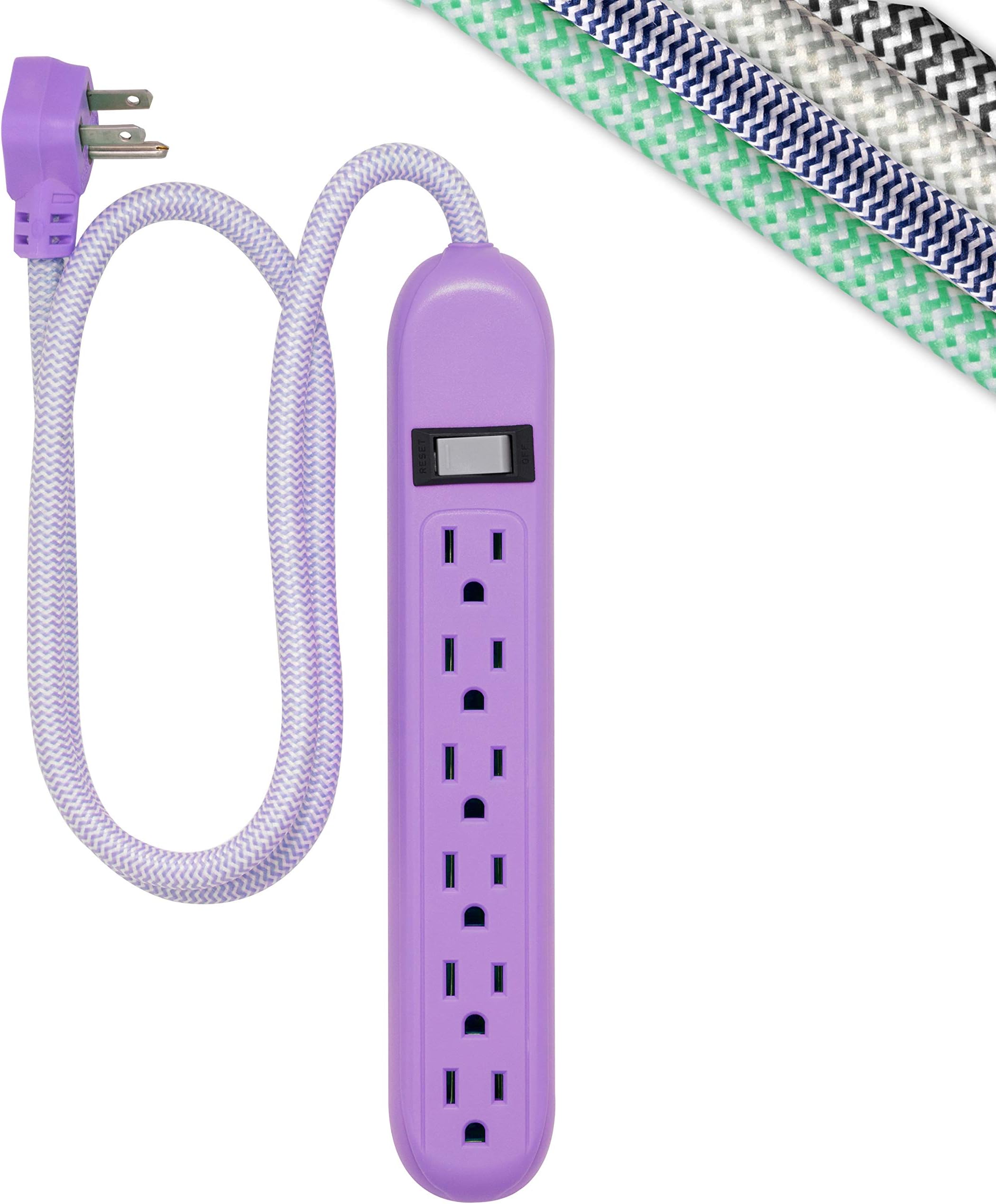 Cordinate 6-Outlet Surge Protector, Power Strip, Flat Plug, Braided Cord, Decorative, 3 ft Power Cord, Wall Mount, Tangle-Free, Warranty, Lavender, 41639