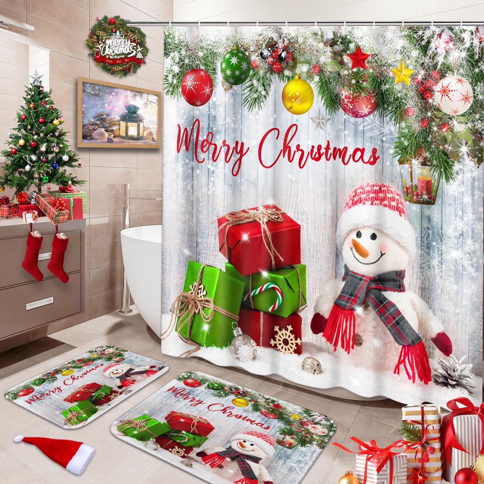 Rideau de douche de Noël rouge et vert, tapis de bain et accessoires bonhomme de neige 3 pièces