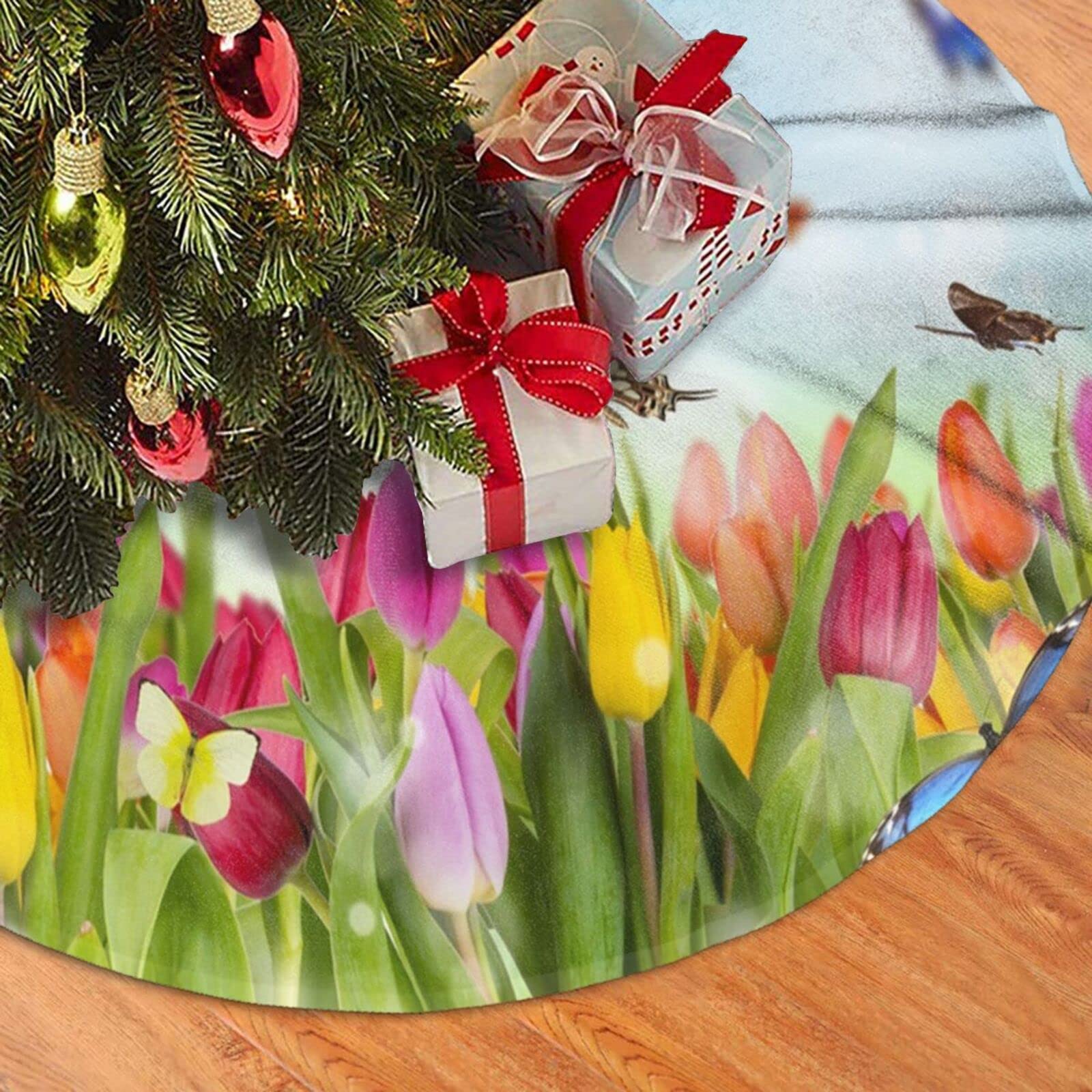 Tulip Christmas Tree Skirt for Xmas Holiday Party Supplies Large Tree Mat Decor, Spring Summer Red Pink Yellow Tulip Flowers Butterfly Ornaments 30