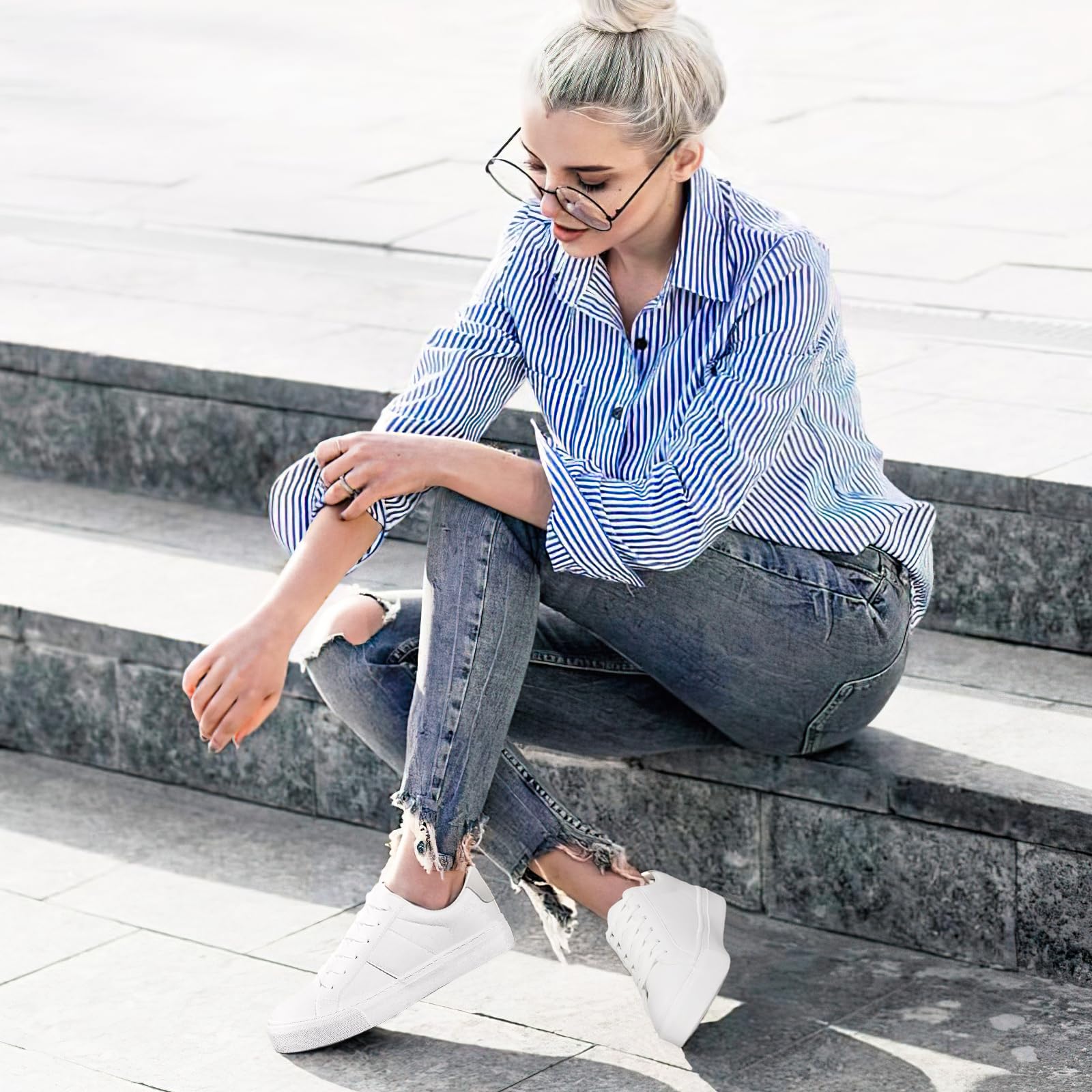 Adokoo Women's Fashion Sneakers PU Leather Casual Shoes White Tennis Low Top Shoes Womens Lace Up Sneakers