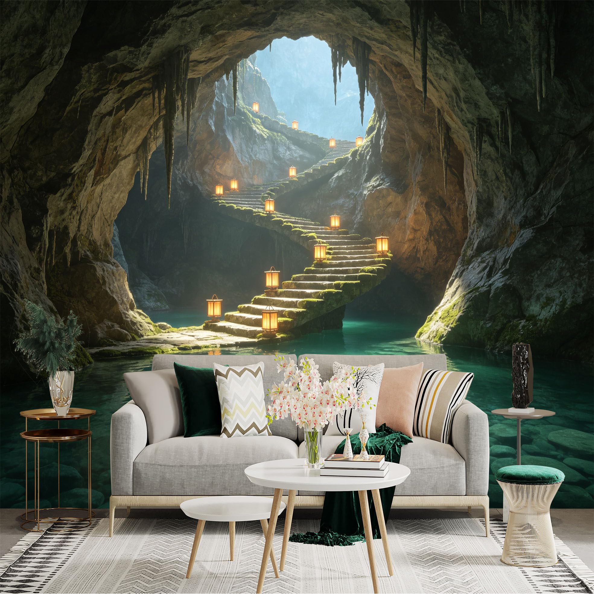 Custom Size Wall Sticker Mural， Mysterious Cave with Glowing Lanterns， Stone Stairs and Serene Underground Lake， for wall Decoration， peelandstick wall Decals.