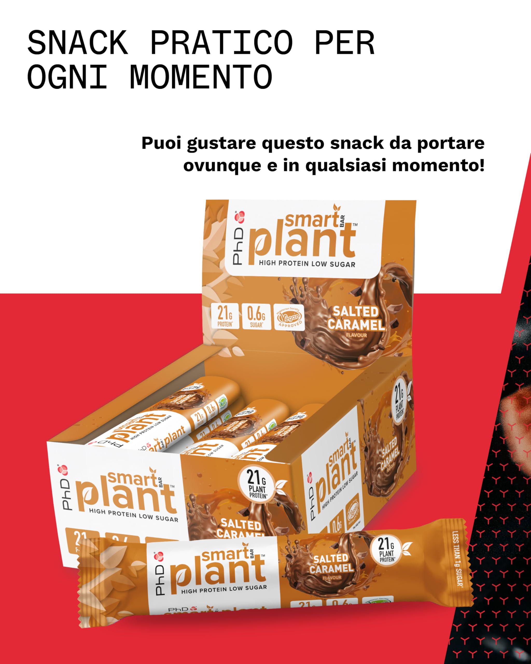 PhD Nutrition Smart Bar Barretta proteica vegana 12x64g Caramello salato - Protein Bar con 21g di proteine e poco zucchero, Adatta per una dieta macro
