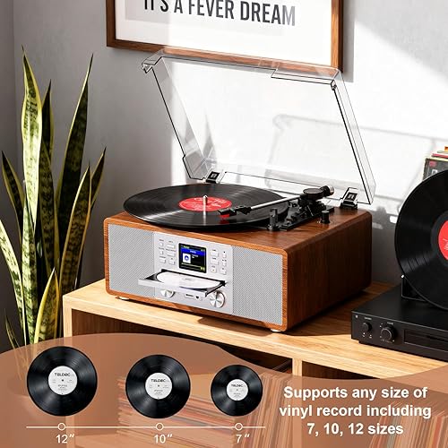 Miniatura 5 de Tocadiscos Bluetooth retro 10 en 1 con altavoces estéreo integrados, tocadiscos inalámbricos de 3 velocidades para vinilo, CD, MP3, USBSD, radio por