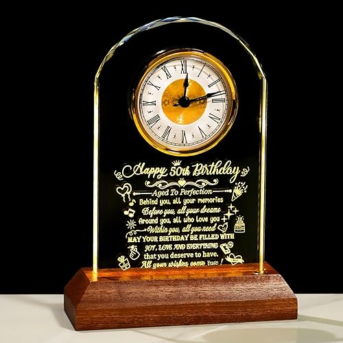 Miniatura 14 de Reloj de cristal de feliz cumpleaños 80 para hombres y mujeres, reloj de cuarzo con base de luz LED de madera, regalos de cumpleaños de 80 años para