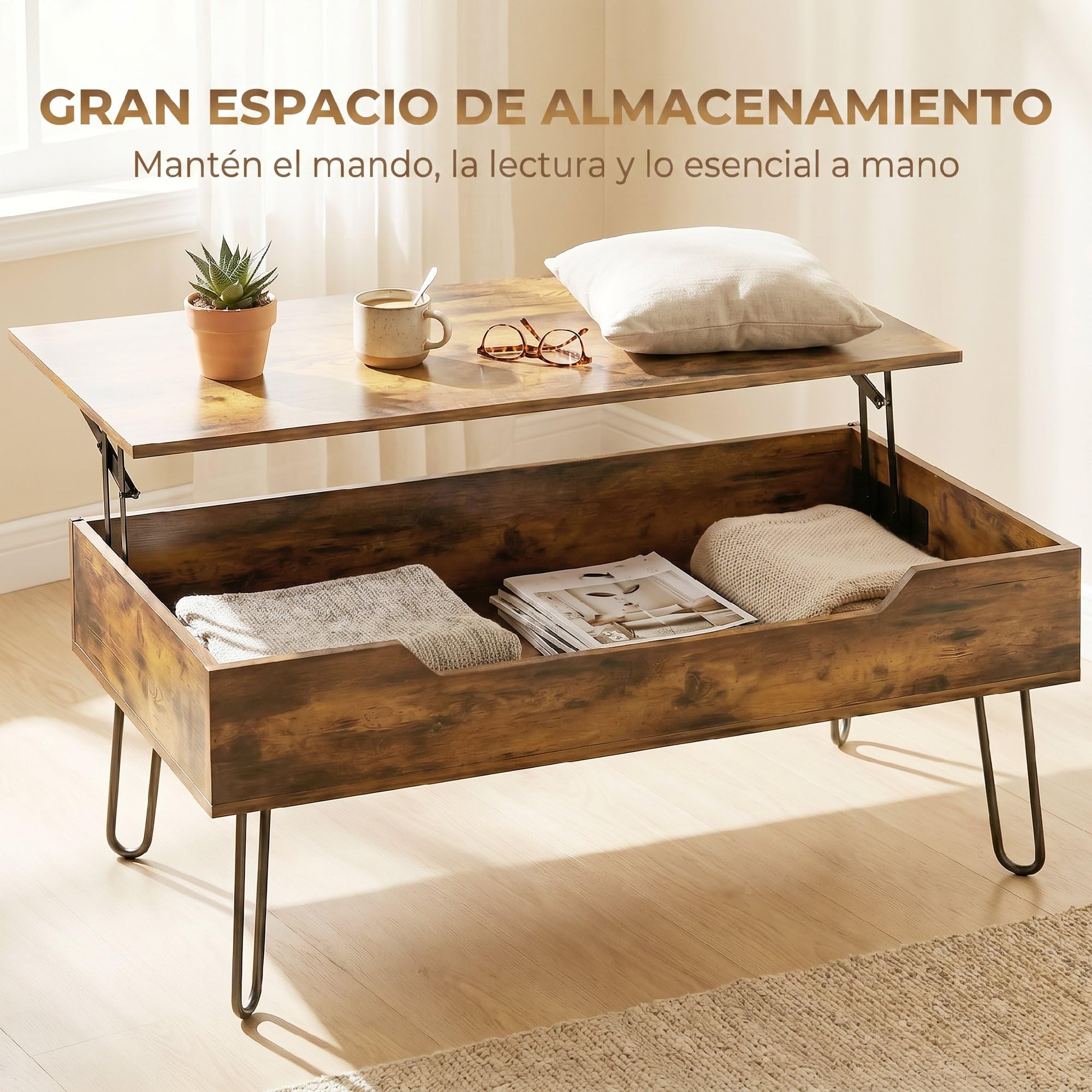 HOMCOM Mesa de Centro Elevable, Mesa de Café para Salón con Compartimento Oculto, Patas de Acero para Sala de Estar, Comedor, 95x50x40 cm, Marrón Rústico