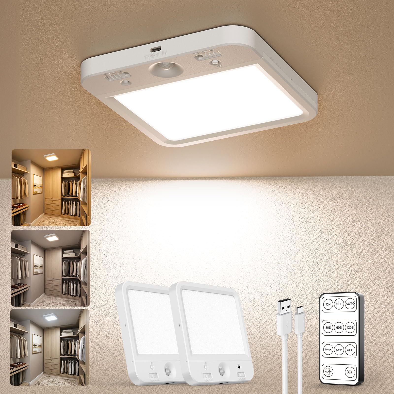 ceshu 2 Pack Rechargeable LED Ceiling Light Motion Sensor, 8000mAh Battery Operated Cordless Closet Light, LED Shower Lamp for Bathroom,Pantry,Porch,Garage,3000K/4000K/6500K, Remote Control
