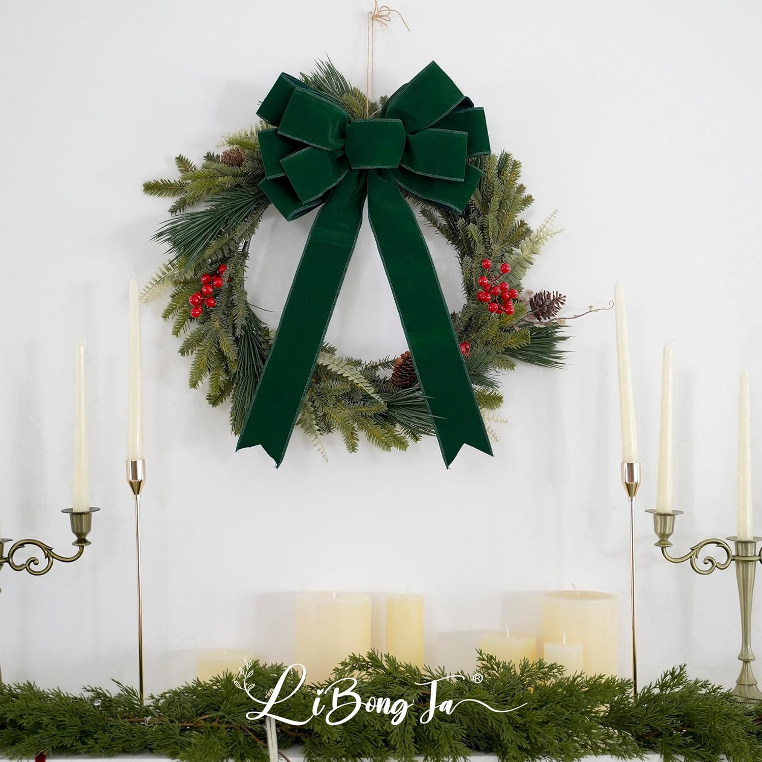 13" Green Pre-Tied Bow for Christmas Tree, Dark Green Velvet Ribbon Bow for Wreaths, Tree Toppers, Premade Gift Bows for Party Favor, Christmas Home Indoor Outdoor Decor-1 Counts