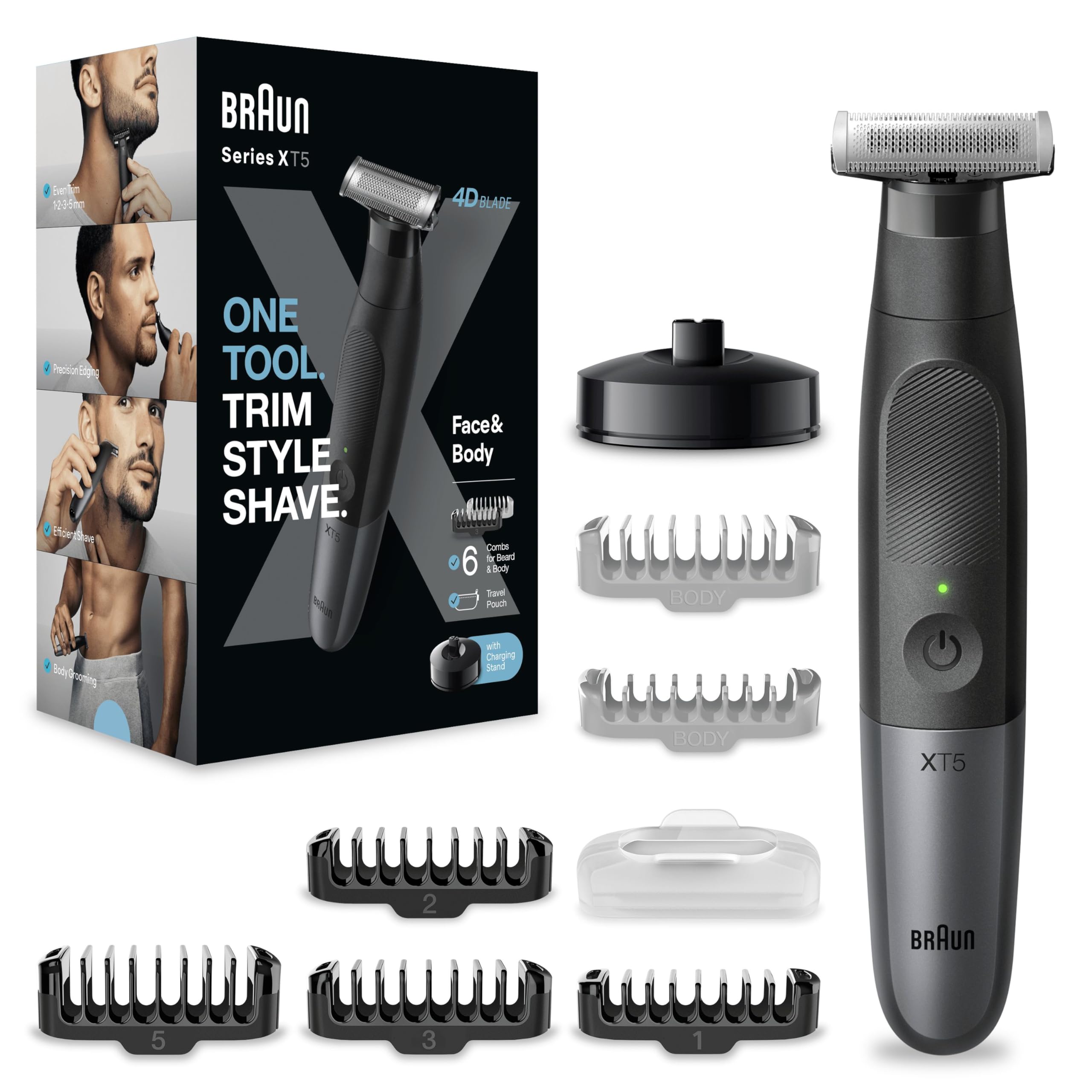Braun Recortadora de Barba Series X Máquina Cortar Pelo, Cortapelos Hombre para Rostro y cuerpo, maquina de afeitar, peine bidireccional, cabezal flexible resistente al agua, XT5300 Negro