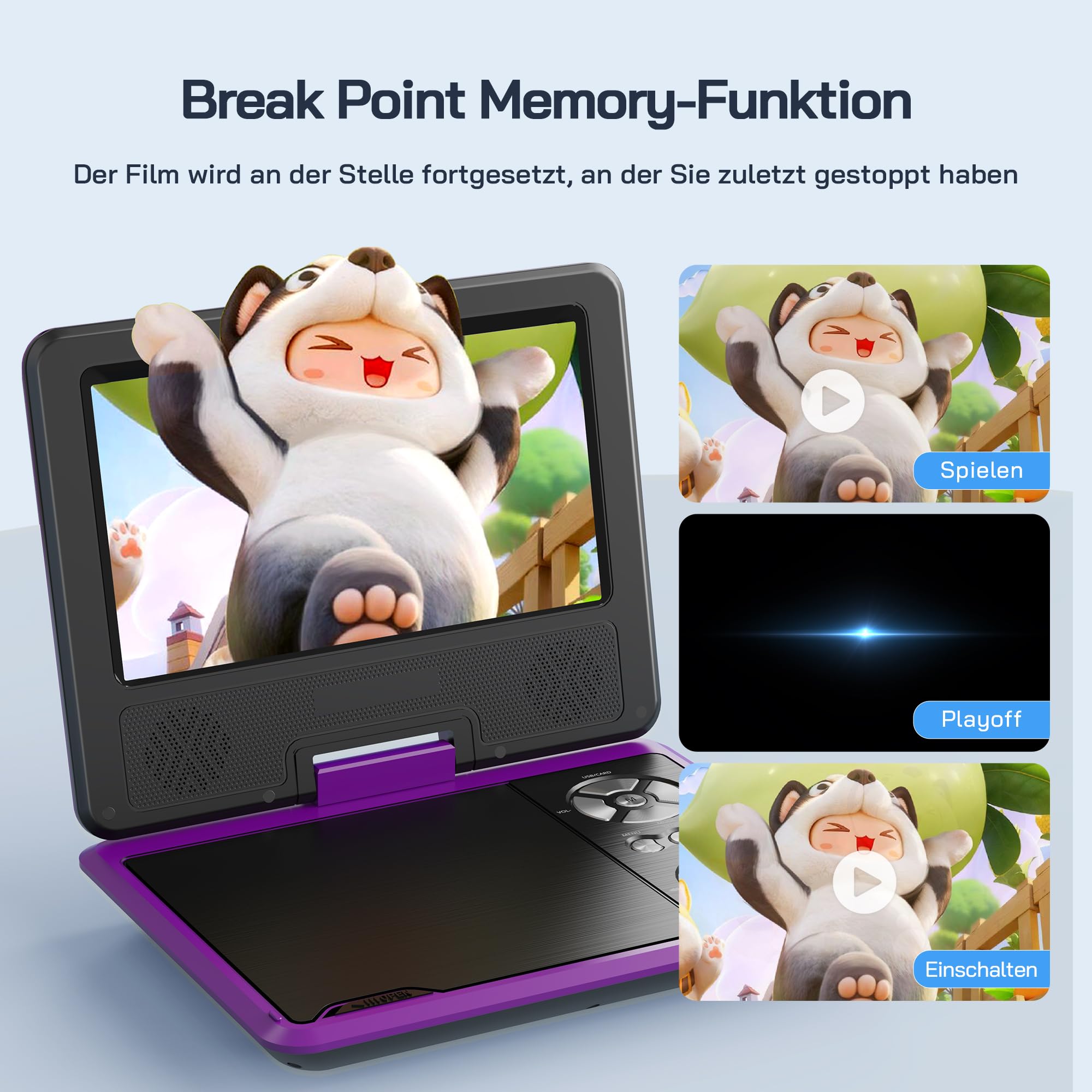 WOLFANG 9,5 Zoll Aufladbarer Tragbarer DVD-Player für Kinder im Auto, 7,5 Zoll HD Drehbildschirm, 6 Stunden Spielzeit, Sync TV/USB/SD, Keine Blu-ray-Unterstützung (Lila)