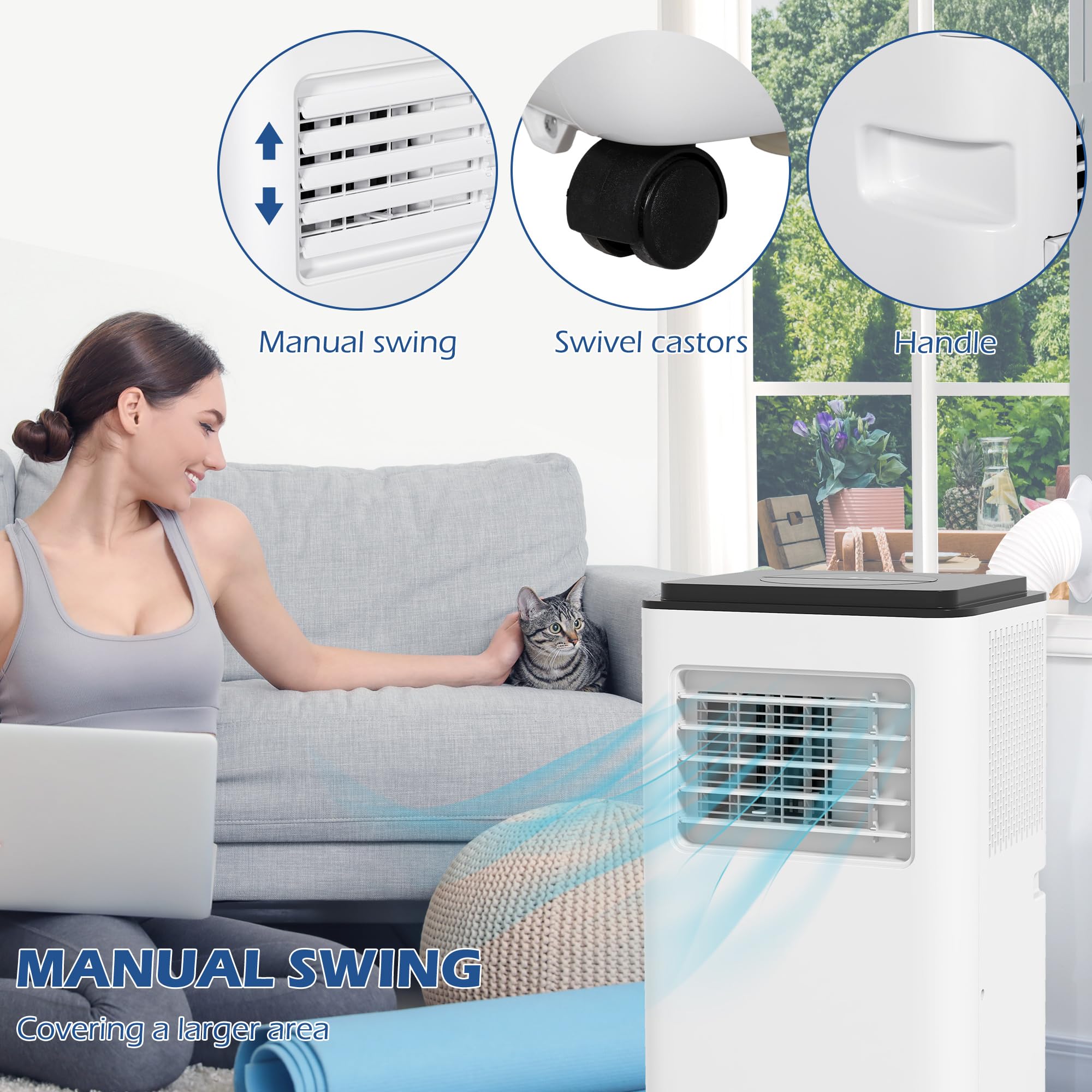 Aire acondicionado de 8000 BTU para habitaciones de hasta 345 pies cuadrados, unidad de CA 5 en 1 con ventilador de refrigeración, deshumidificador, automático, apagado y control remoto 8