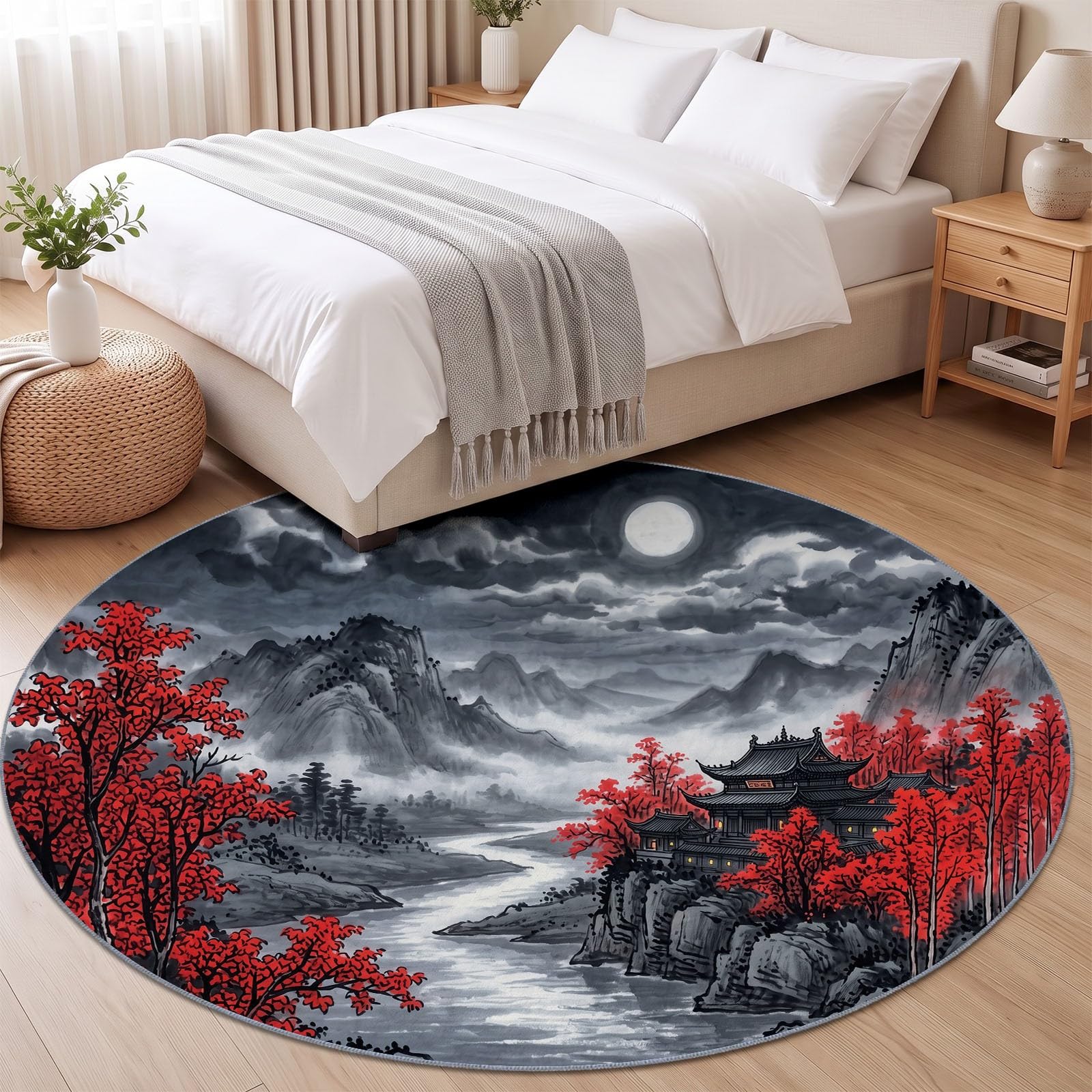 Tapis Rond 100 cm Lavable Machine, Moquette Antidérapante Poil Bas Doux, Rétro Lune Rivière Montagnes Tapis pour Salon Chambre Salle à Manger Nursery Dortoir Enfants, Gris