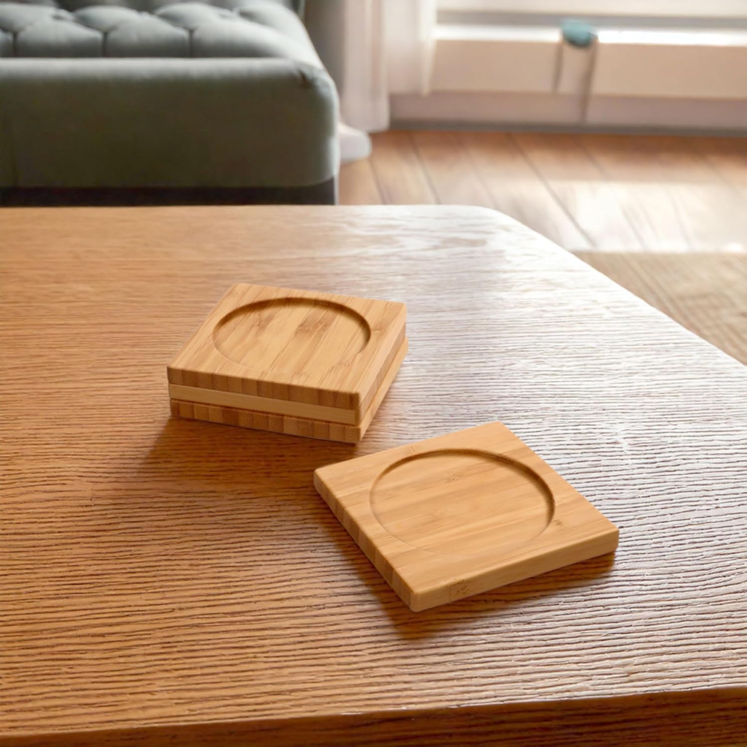 Eco-Friendly Natural Bamboo Square Coaster Set, 4 Pieces