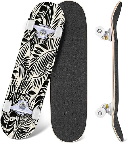 Miniatura 3 de Patinetas con patrón de palma para principiantes, 31 x 8 pulgadas, tablas cóncavas de arce de doble patada, patinetas completas al aire libre para