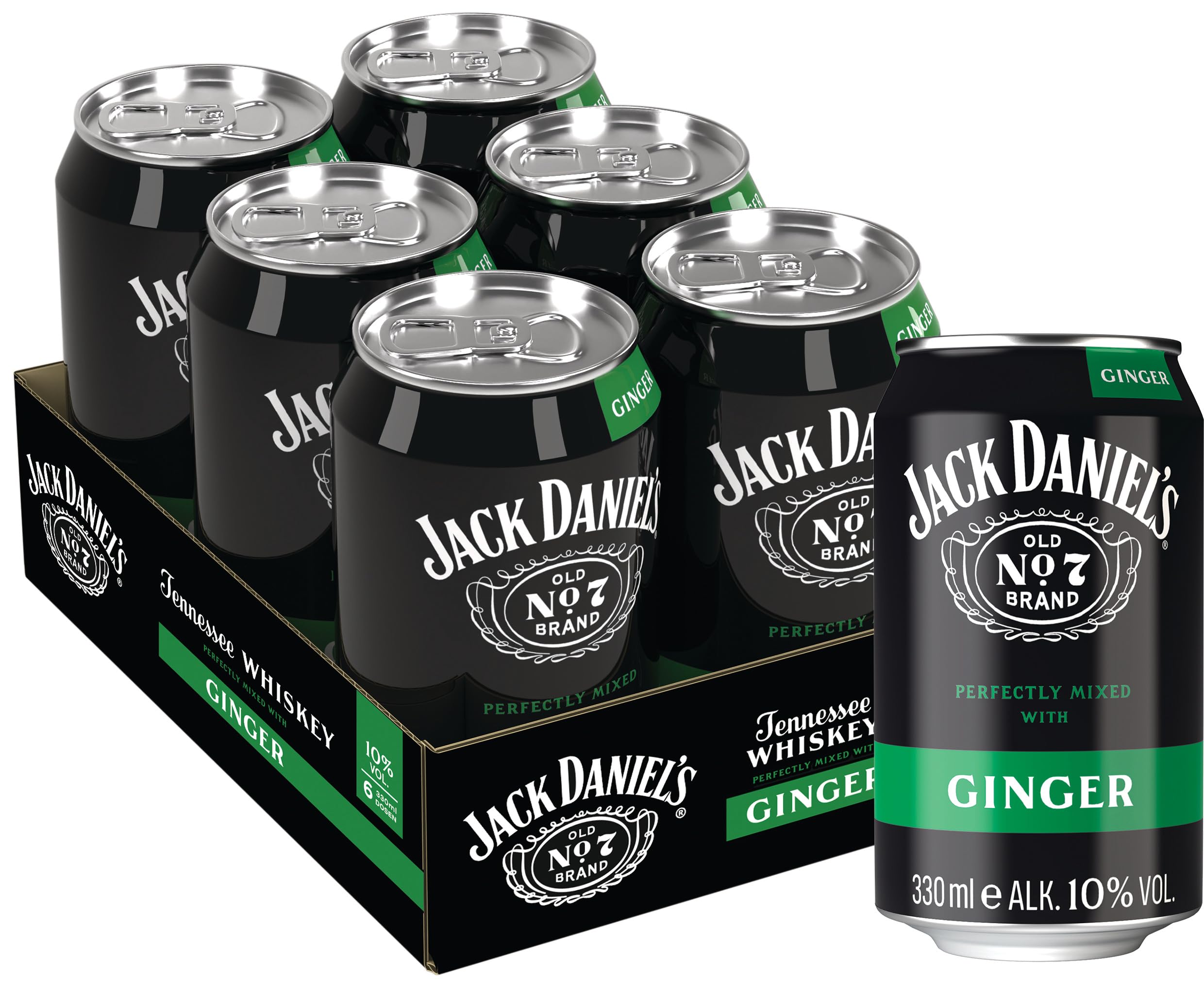 Jack Daniel's Jack & Ginger - Tennessee Whiskey - Whiskey Noten treffen auf süßlich-herbes Ginger Ale - 6 x 0.33L/ 10% Vol.