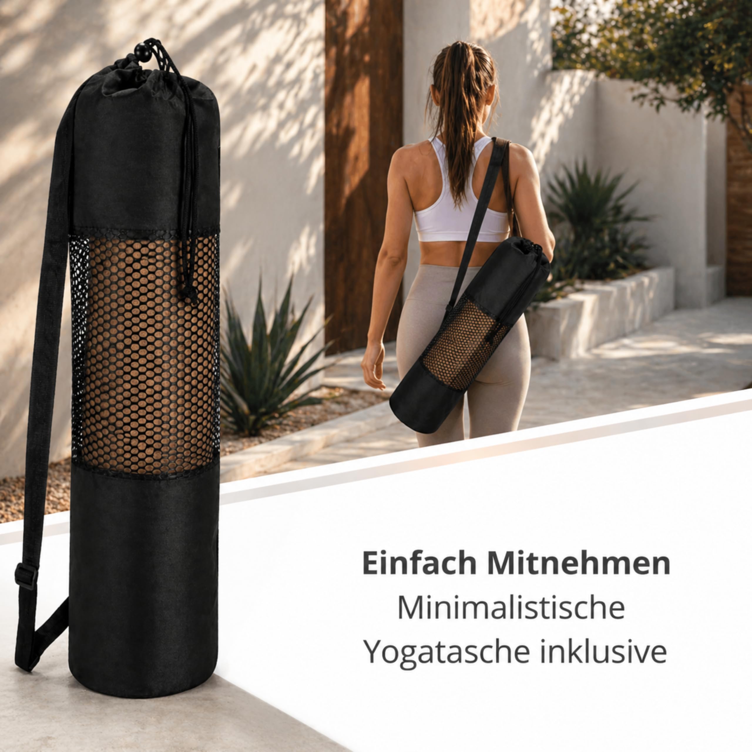 Esterilla de yoga de corcho premium (5 mm, 183 x 66 cm), antideslizante, con líneas de alineación, esterilla de pilates y entrenamiento ecológica, incluye bolsa de transporte