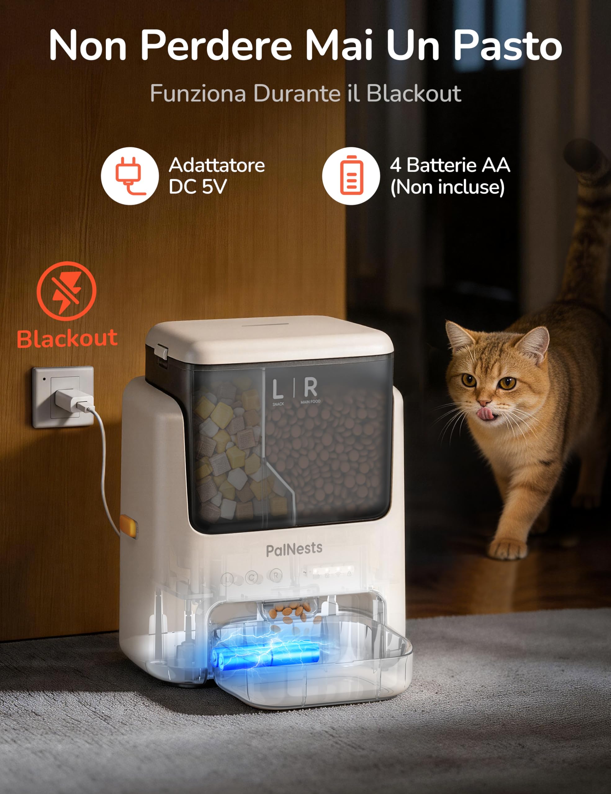 5L Distributore Automatico Cibo Gatti e Cani, WiFi 2.4G/5G con APP, Distributore a Doppio Scomparto, Timer Programmabile 1-10 Pasti al Giorno per 1-12 Porzioni, Ciotola in Acciaio Inox 304