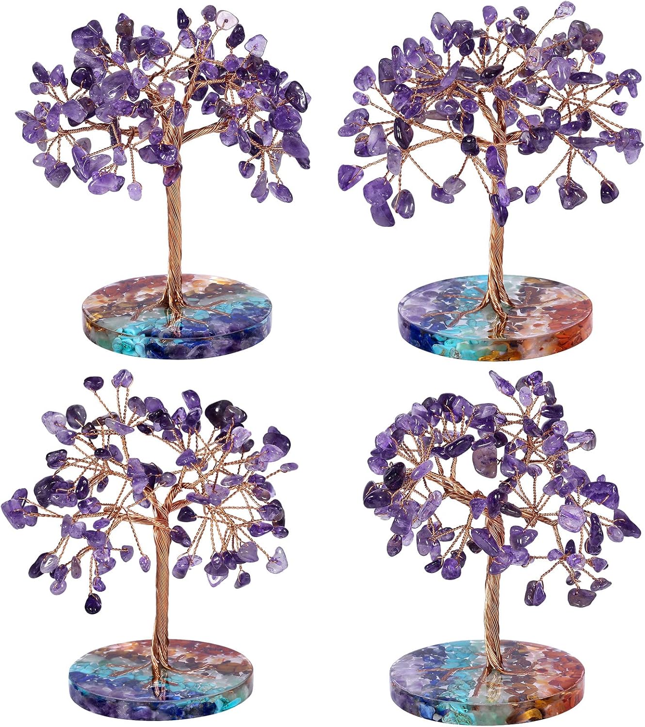Rockcloud Natural Purple Amethyst Quartz Crystal Cluster, Amethyst Crystal Copper Wire Money Tree with Round Colorful Resin Base for Office Home Desktop Decorations