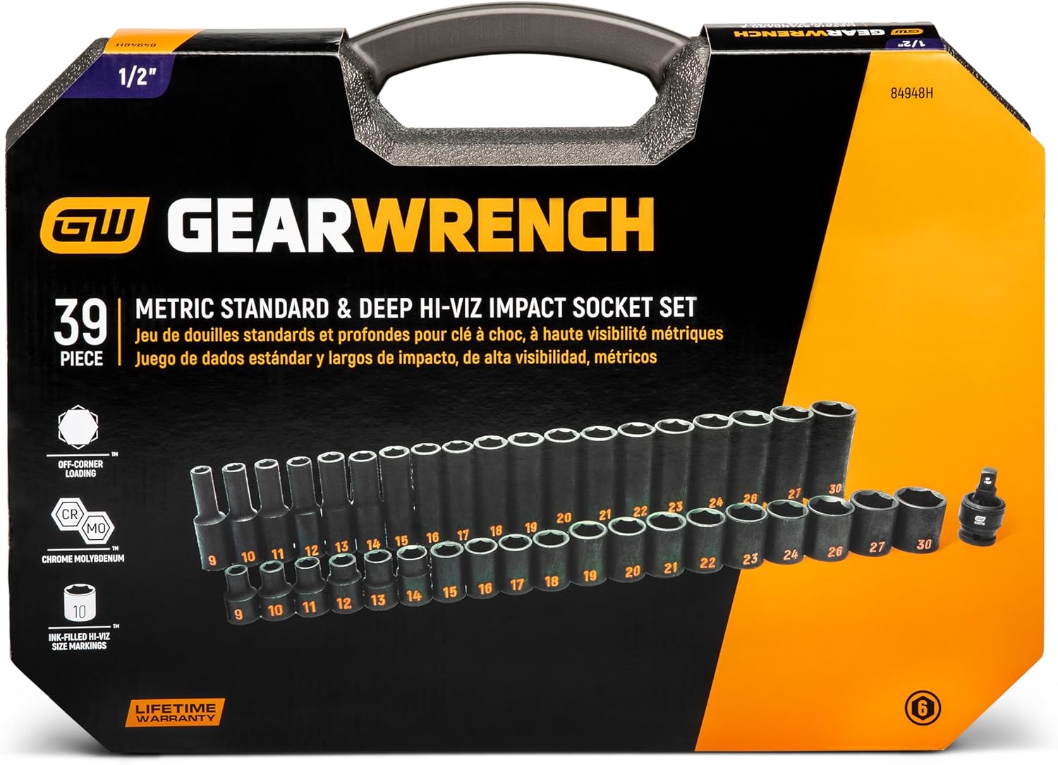 GEARWRENCH 39 Piece 1/2" Drive 6 Point Metric Hi-Viz Standard & Deep Impact Socket Set | 84948H