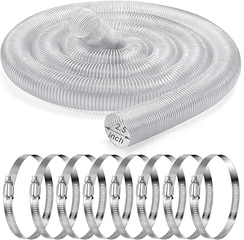 Manguera de recogida de polvo de PVC de 2.5 pulgadas y 30 pies con abrazaderas de acero inoxidable, flexible, transparente, resistente a las