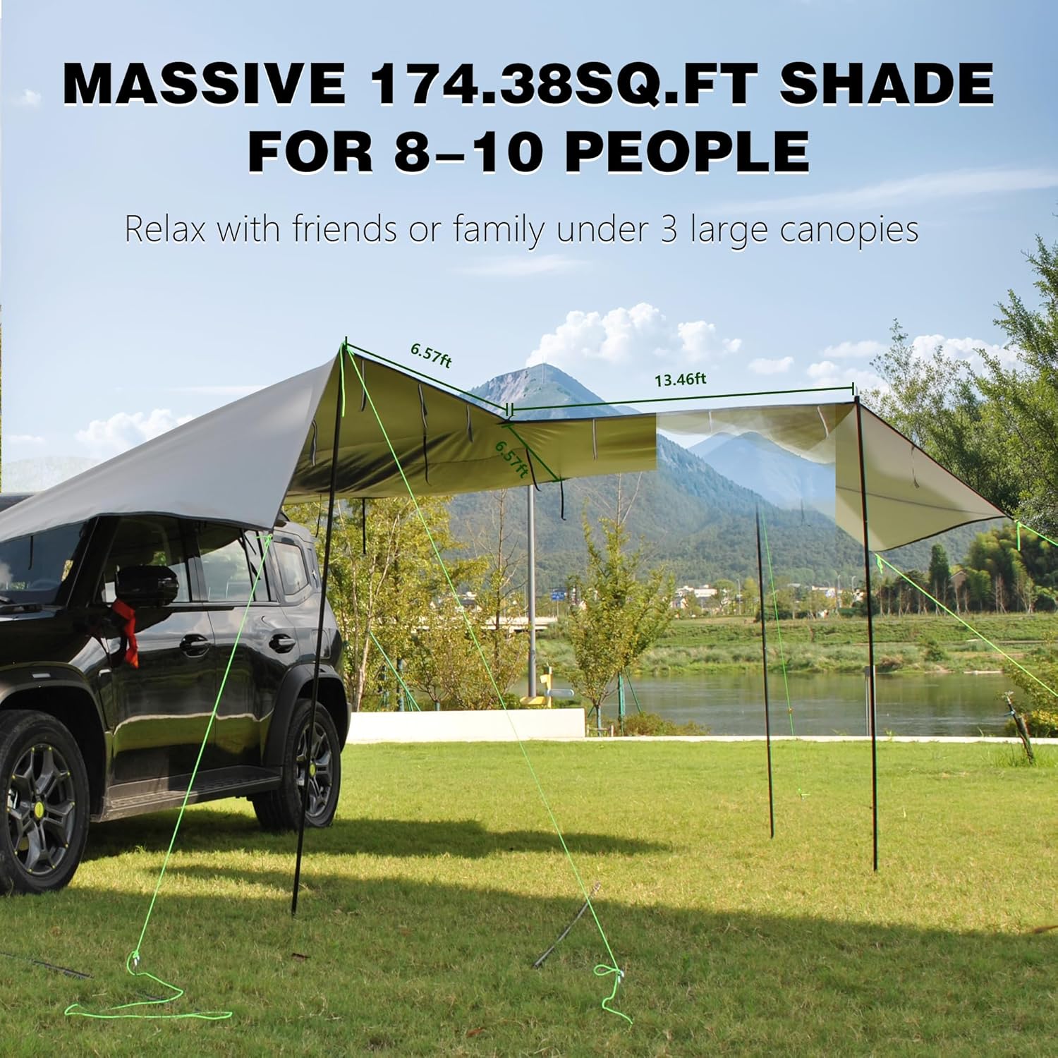 Multi-Use SUV Camping Tent & Side Awning - 3 Large Canopies, 174.38sq.ft Shade, 6.6ft Height, Easy Setup & Tech-Design