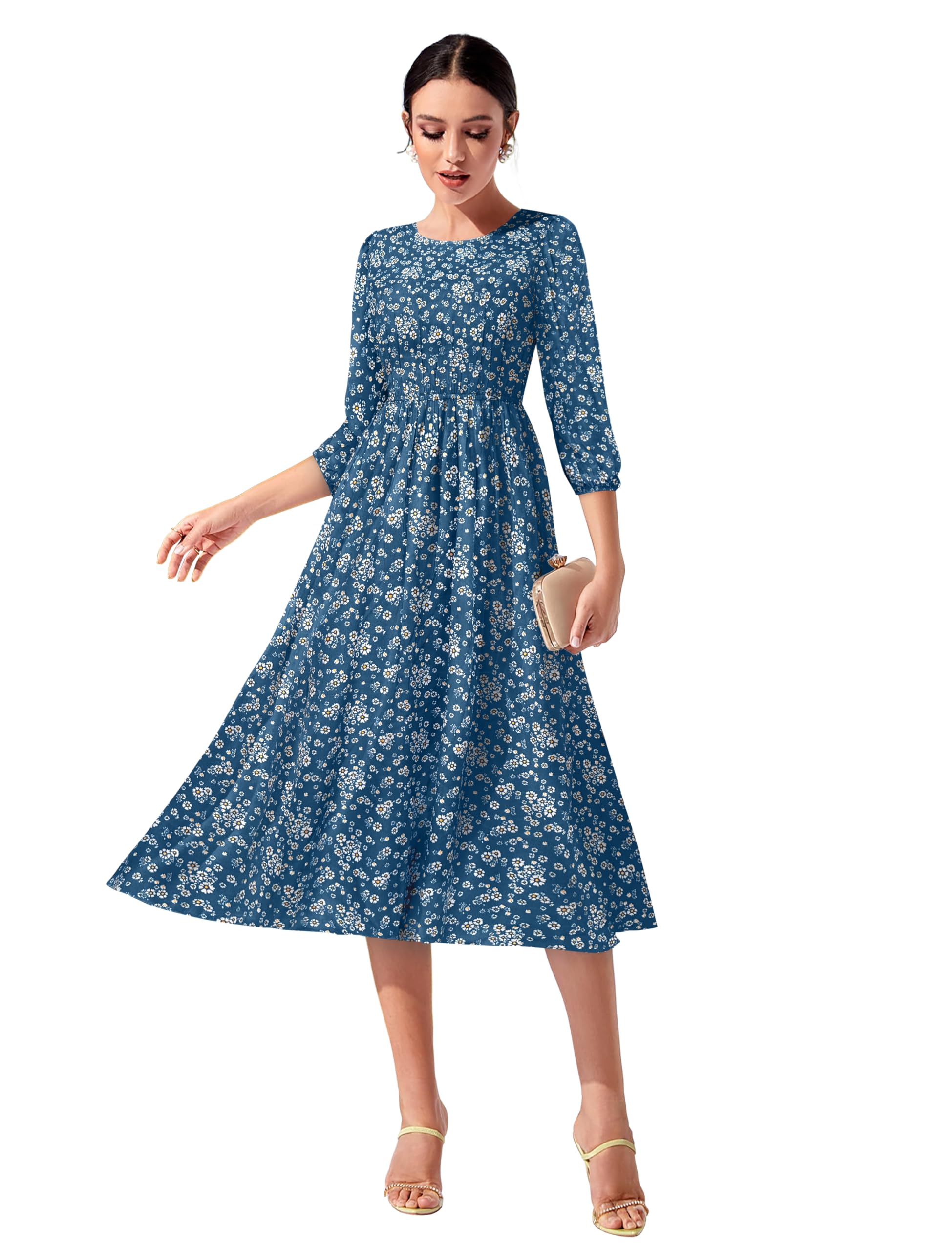 Toochki Women's Teal Blue Muslin Floral Fit & Flared Western Dress | Dress For Women | A Line Dress | Winter Dress | Western Dress | Latest Women Dress | Trendy Dress | Midi Dress