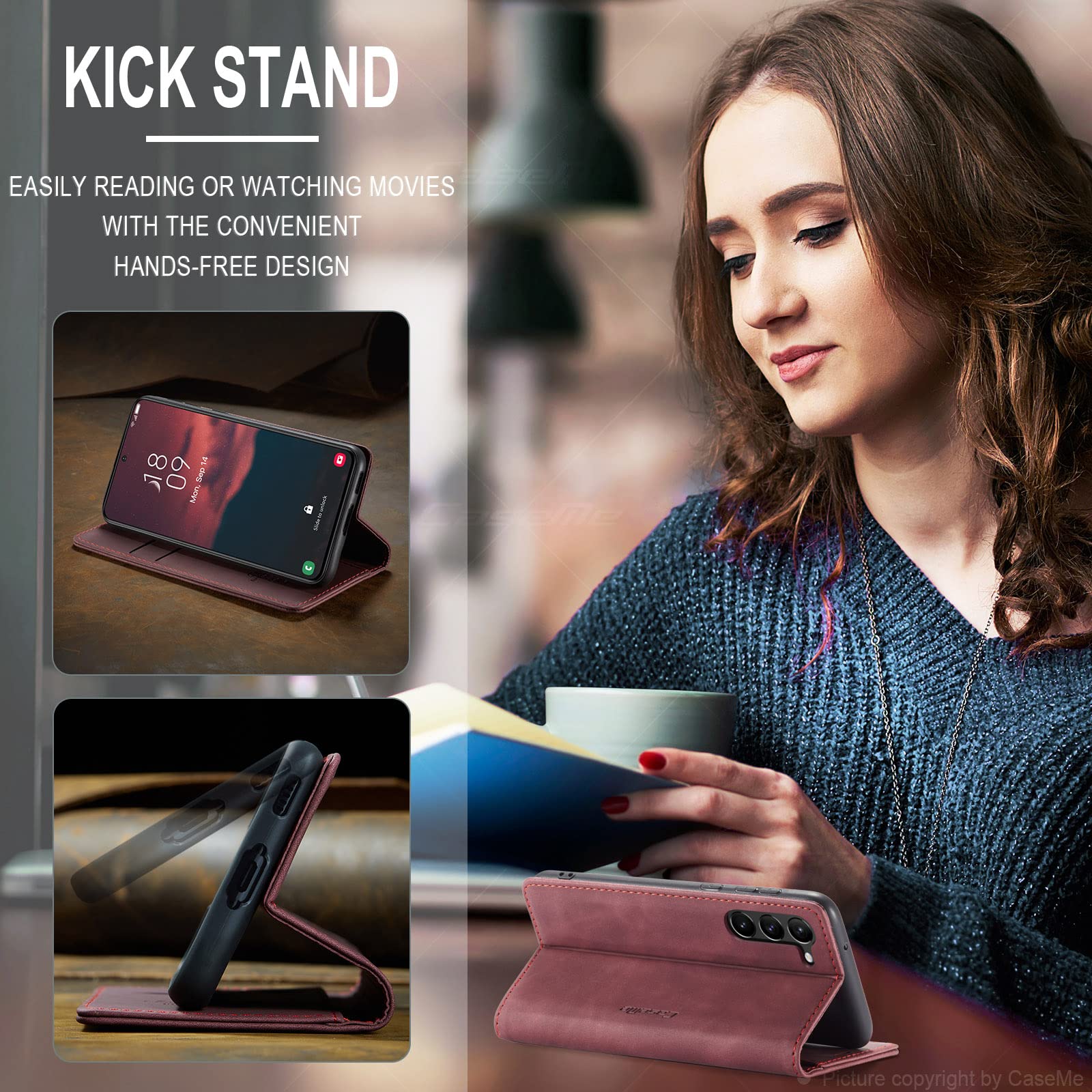 Samokor Cover per Samsung Galaxy S23 5G Pelle Flip Custodia Cavalletto Portafoglio Magnetica Carta Fessura Antiurto per Samsung Galaxy S23,Vino Rosso